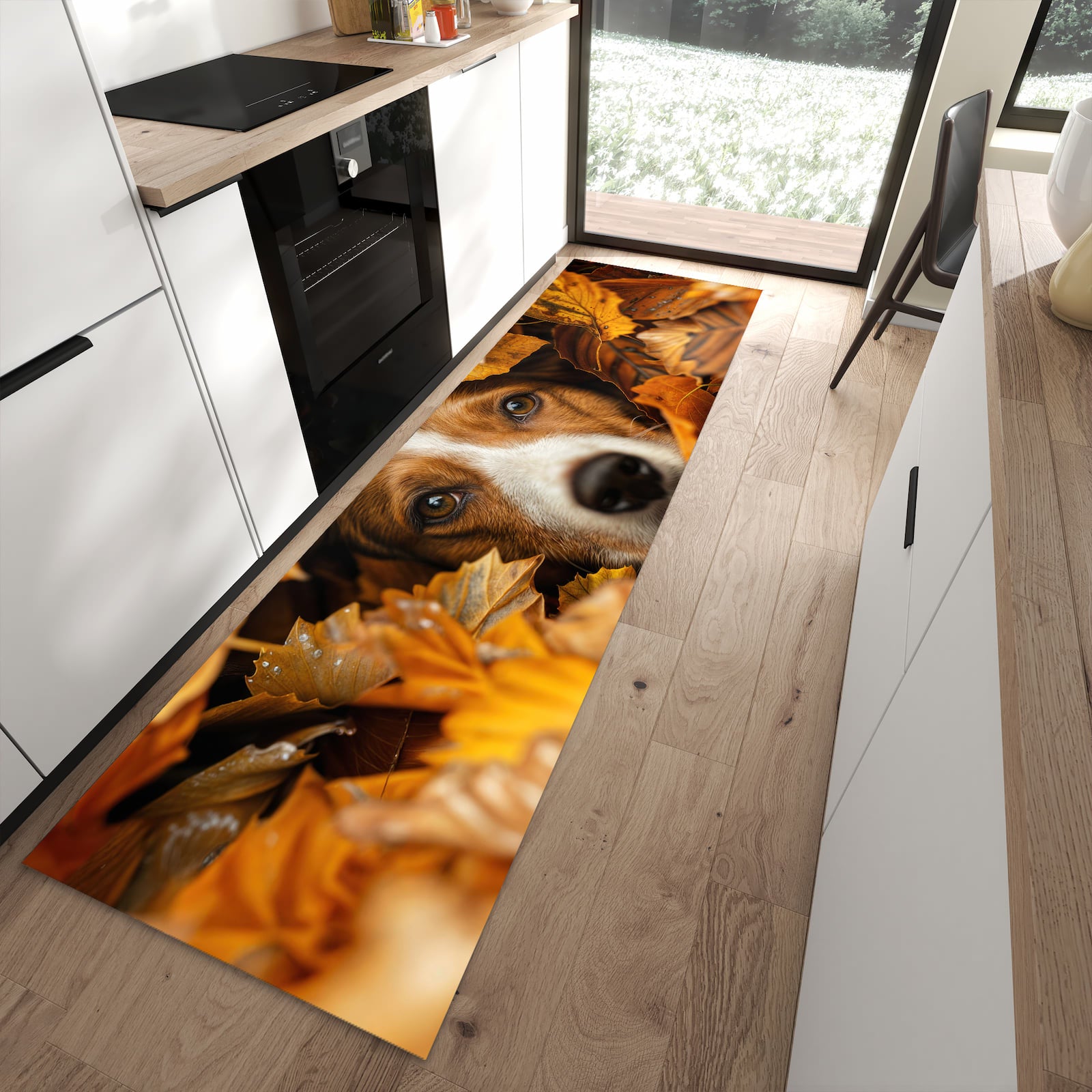 Strapazierfähiger Küchenläufer mit Motiv Hund im Herbstlaub in moderner Küche