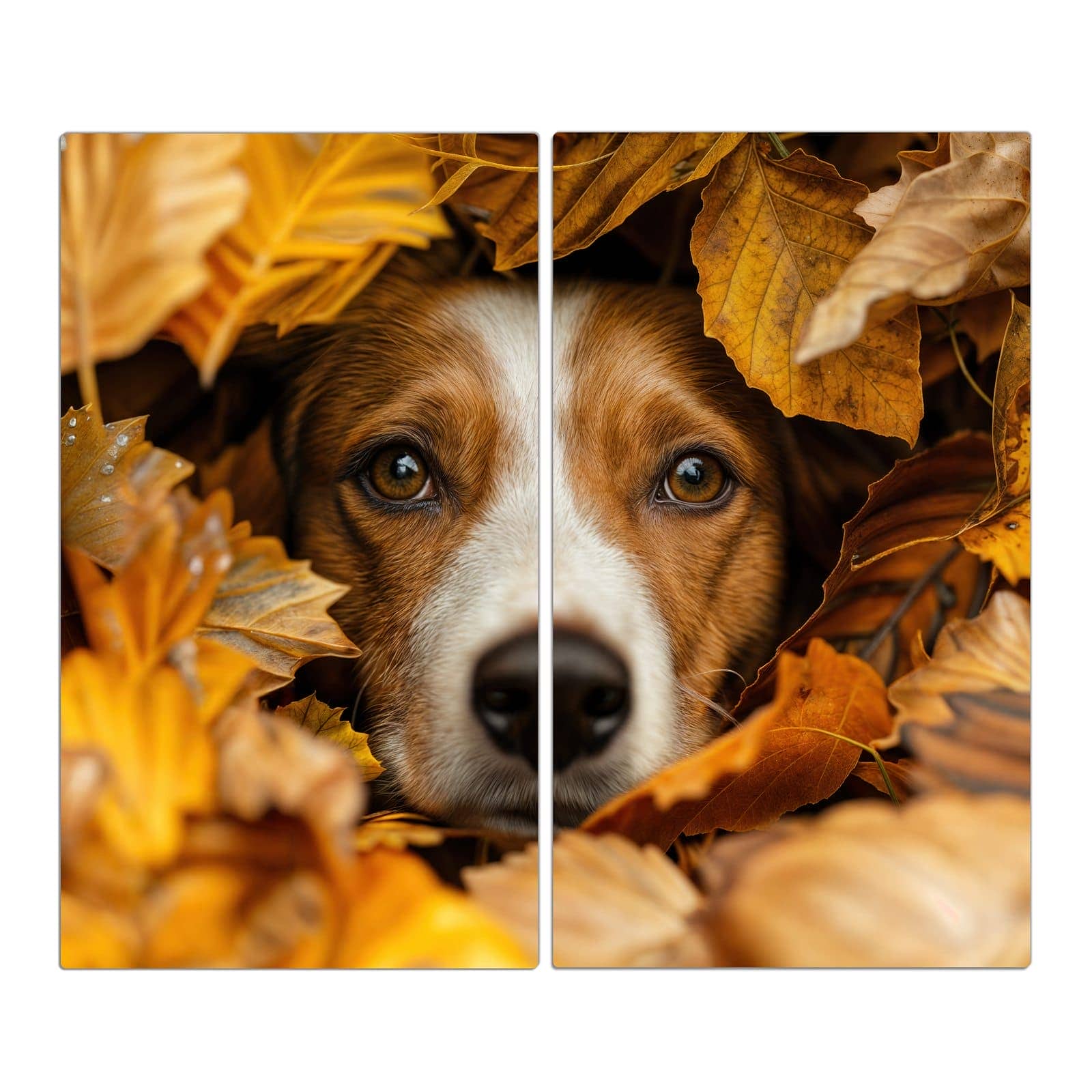 2-teilige Glasplatte für Herd mit Hund im Herbstlaub-Motiv in der Frontansicht #grösse_2-Teilig (60x52cm)