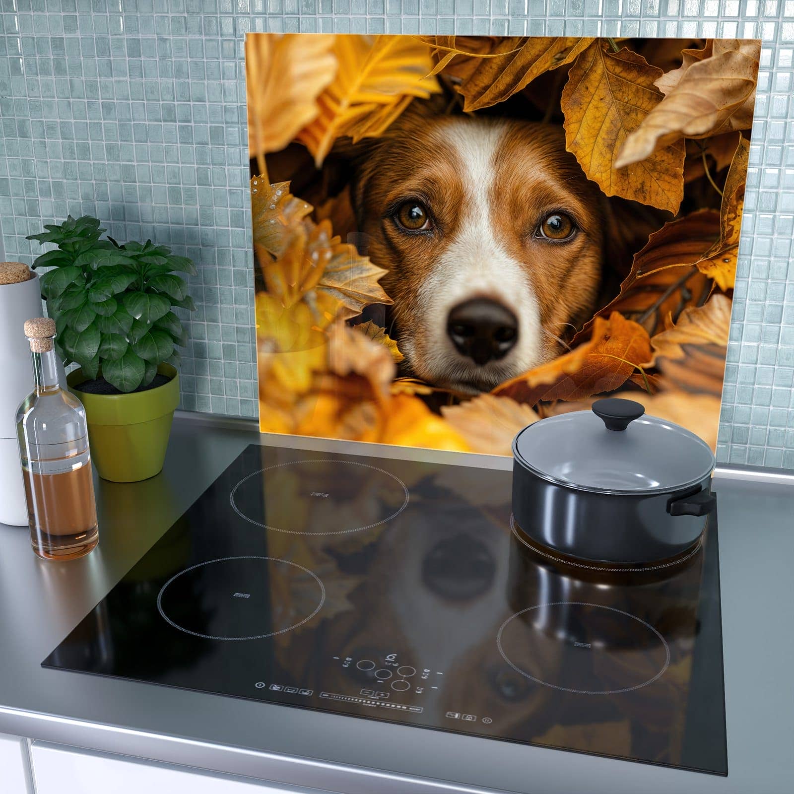 1-teilige Herdabdeckplatte aus Glas mit Hund im Herbstlaub-Motiv als Spritzschutz hinter dem Kochfeld