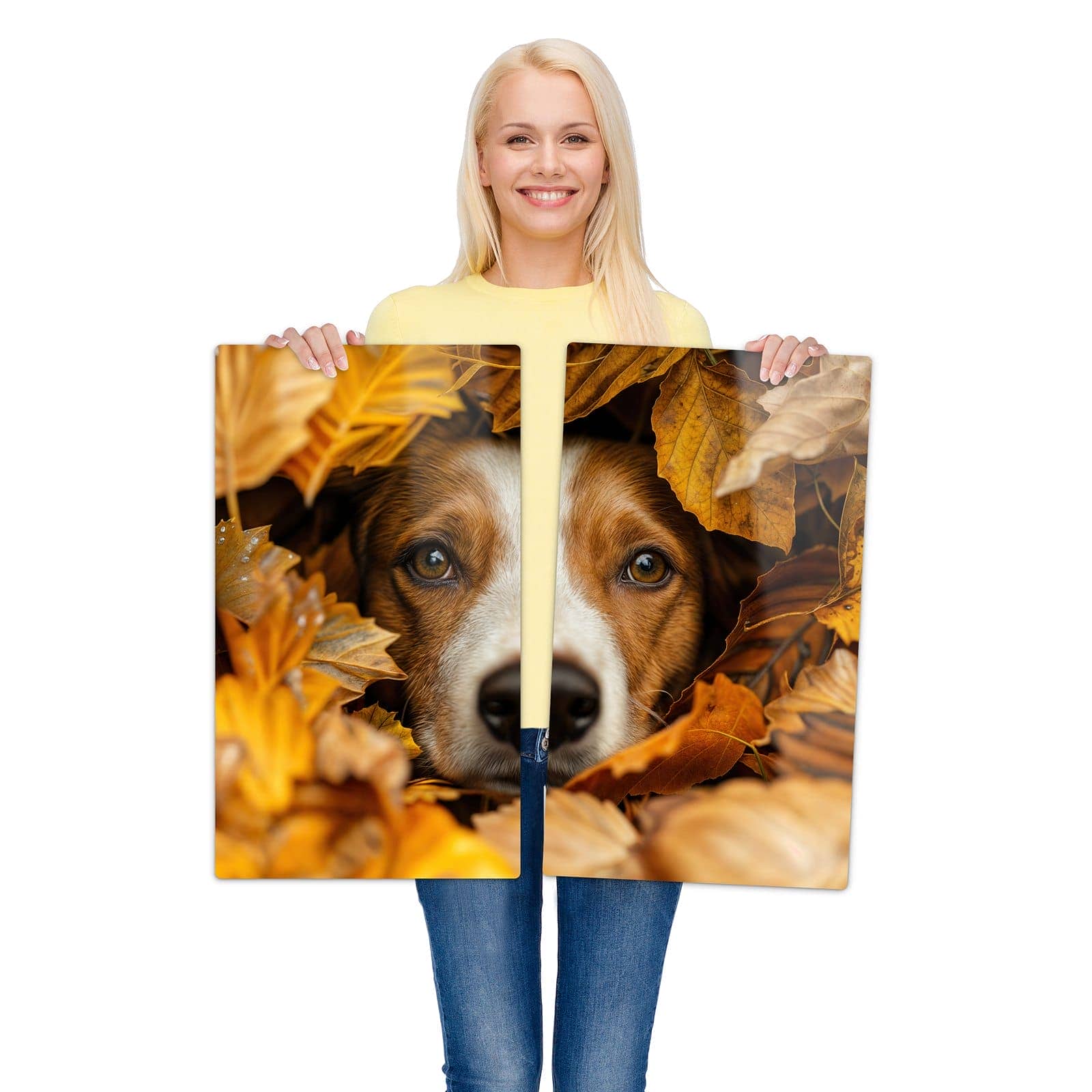 2-teilige Kochfeldabdeckung mit Hund im Herbstlaub-Motiv wird zur Größendarstellung gehalten