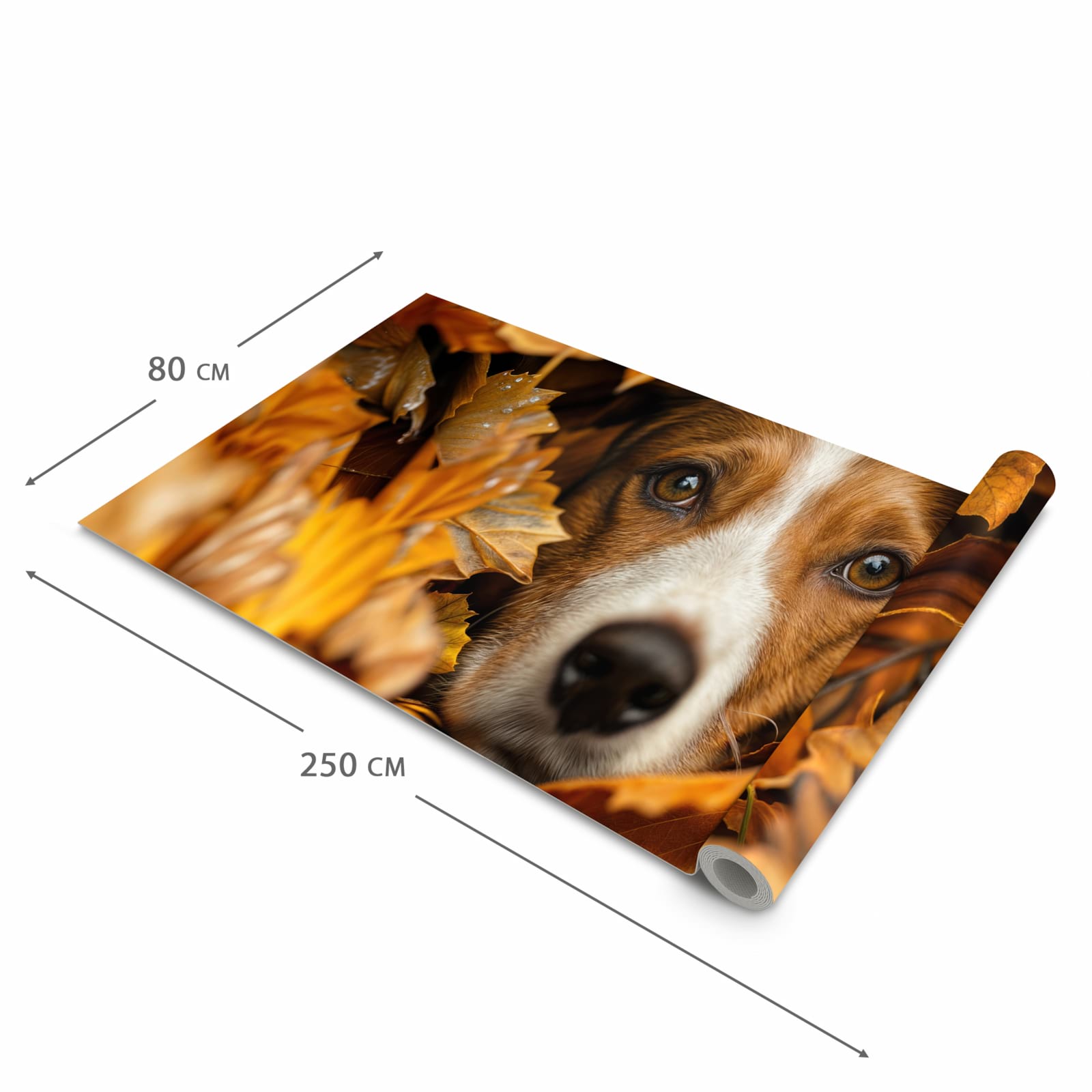 UV-beständiger waschbarer Küchenteppich mit Motiv Hund im Herbstlaub in der Größe 60x300 cm