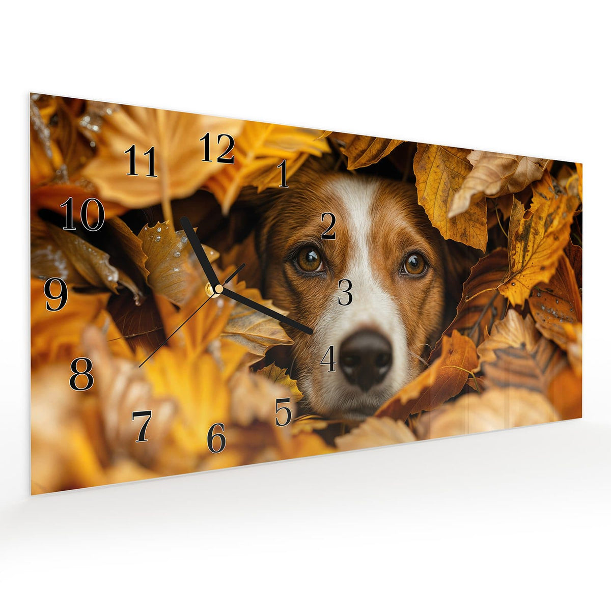 Vormontiert – mit Schwebeeffekt – Wanduhr Hund im Herbstlaub aus Glas – Querformat 60 × 30 cm
