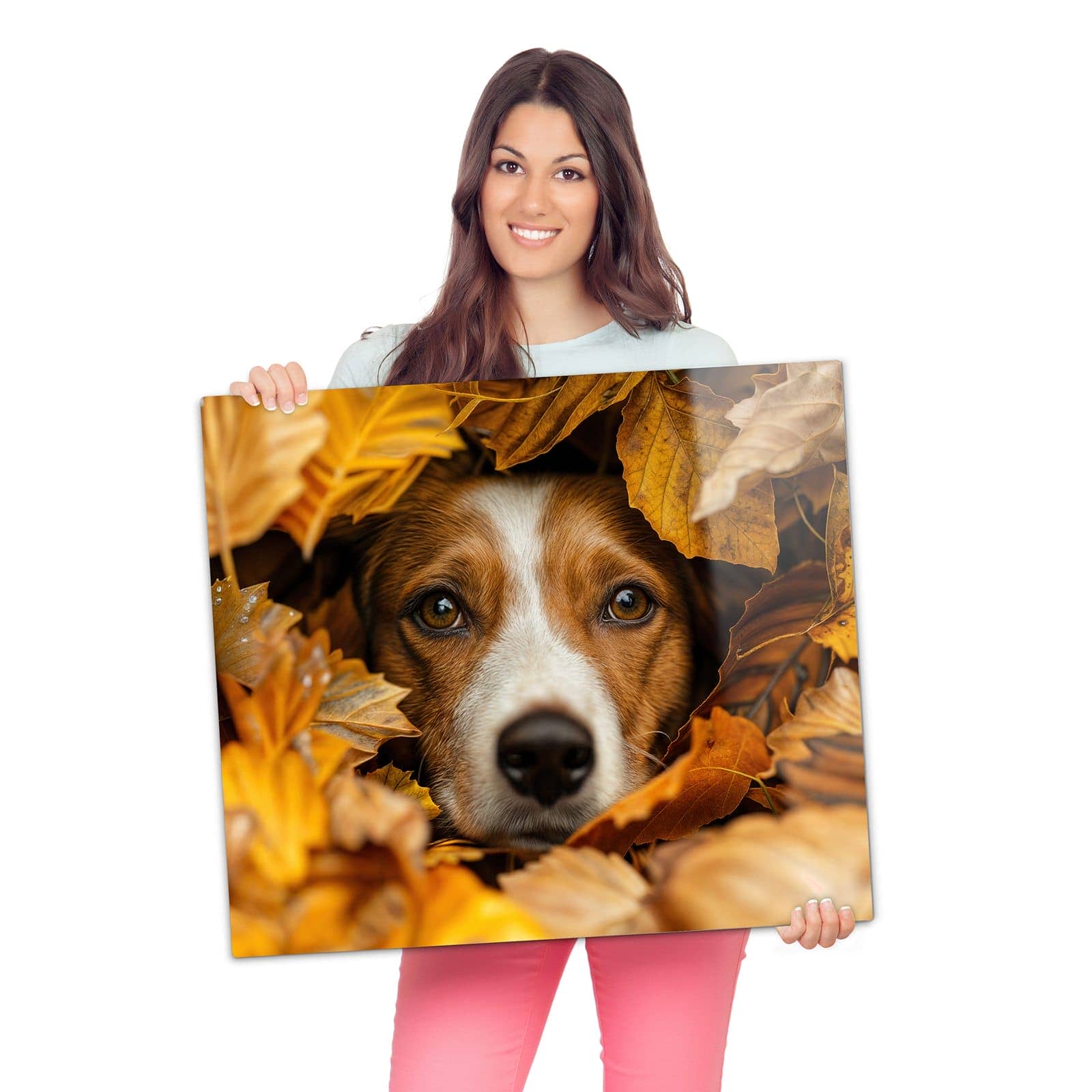 Herdabdeckplatte für Induktion mit Hund im Herbstlaub-Motiv wird zur Größendarstellung gehalten