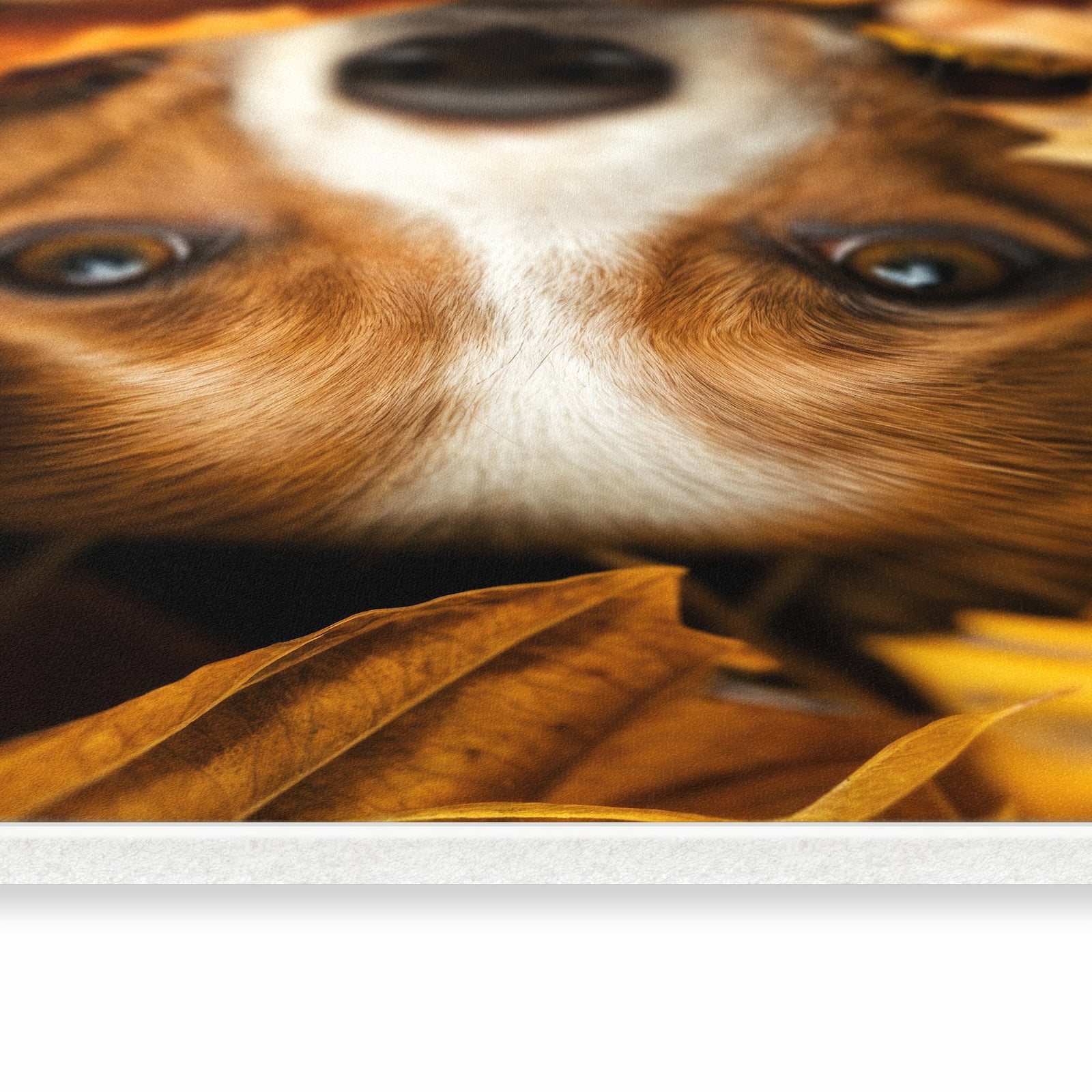 Pflegeleichter Küchenteppich mit Motiv Hund im Herbstlaub in seitlicher Ansicht