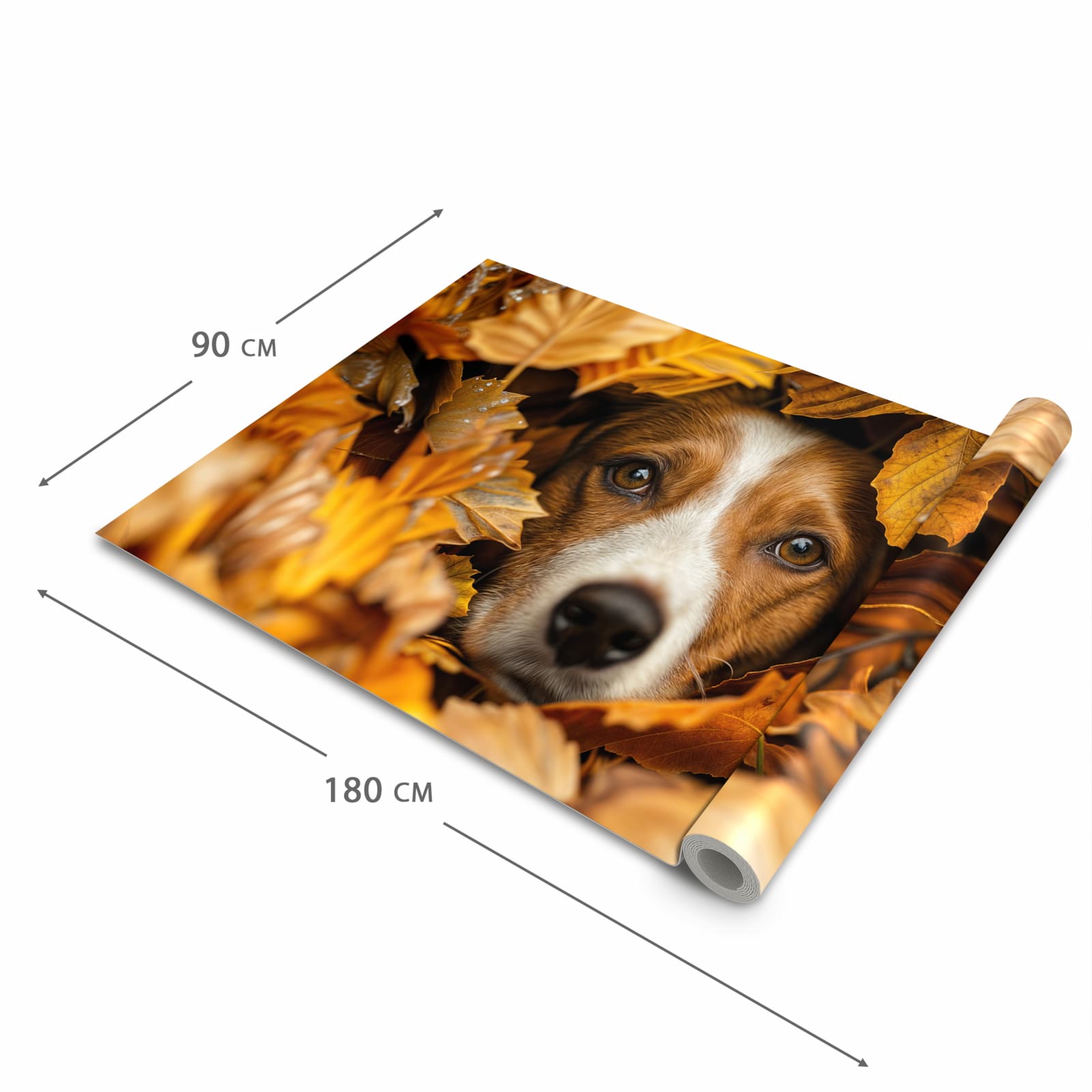 Fleckenresistenter waschbarer Küchenteppich mit Motiv Hund im Herbstlaub in der Grösse 60x300 cm