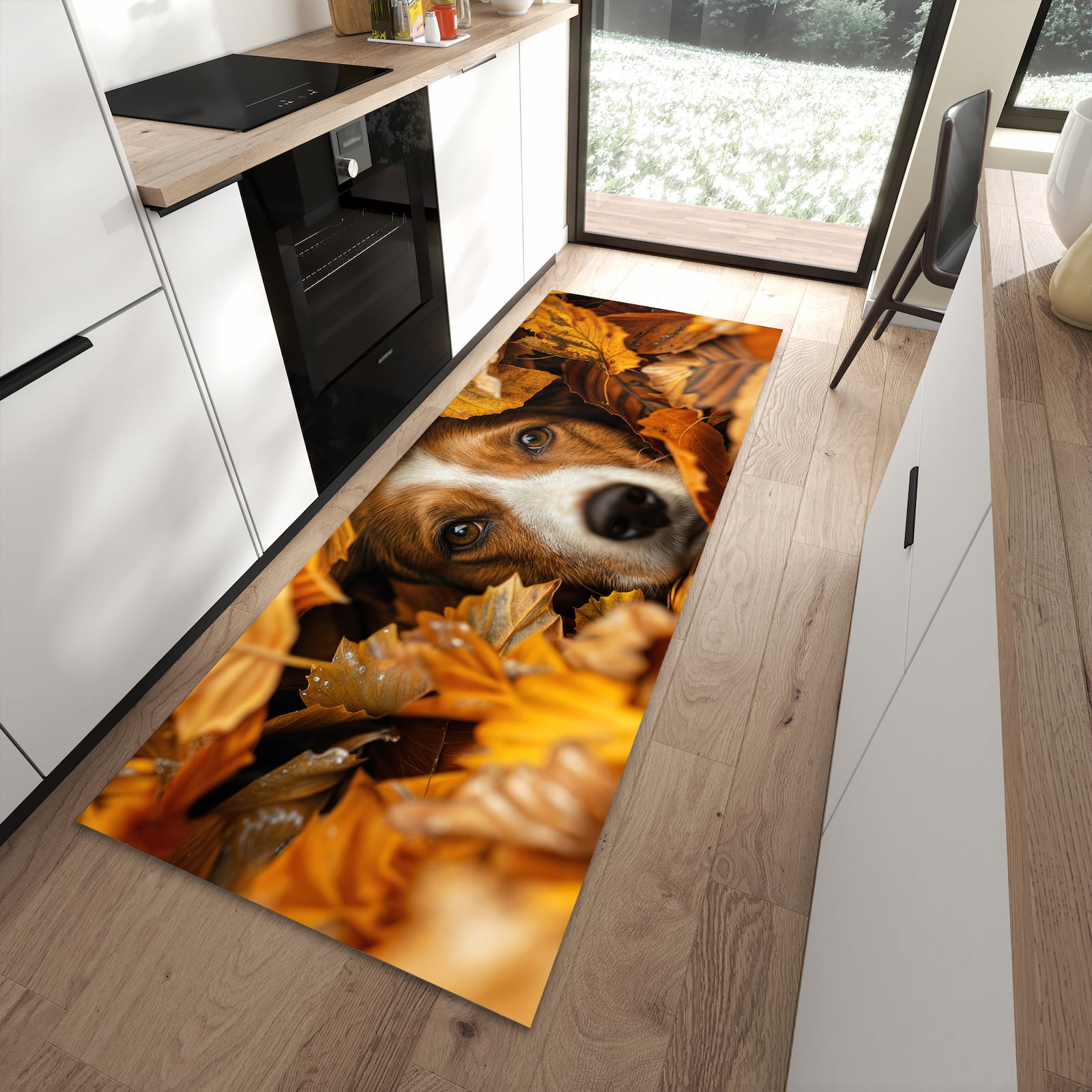 Rutschfester Küchenläufer mit Motiv Hund im Herbstlaub in moderner Küche