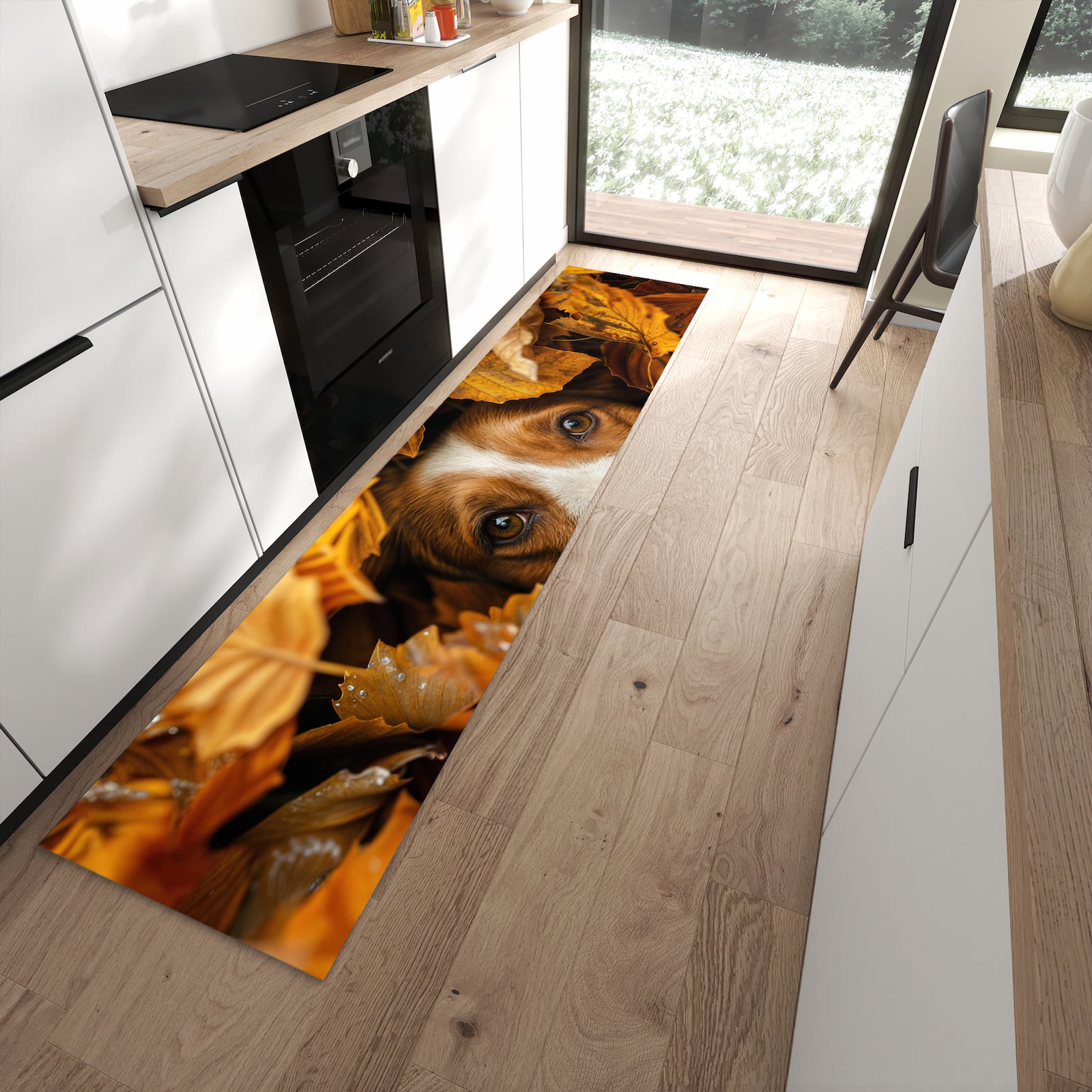 Komfortabler waschbarer Küchenteppich mit Motiv Hund im Herbstlaub in moderner Küche