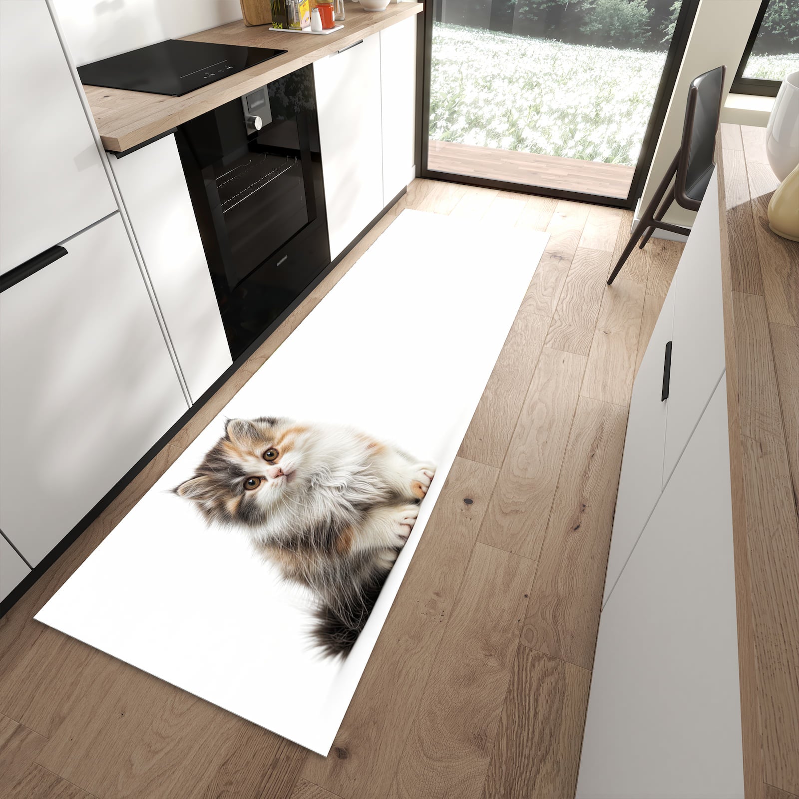 UV-beständiger waschbarer Teppich für Esstisch mit Motiv Flauschige Katze in moderner Küche