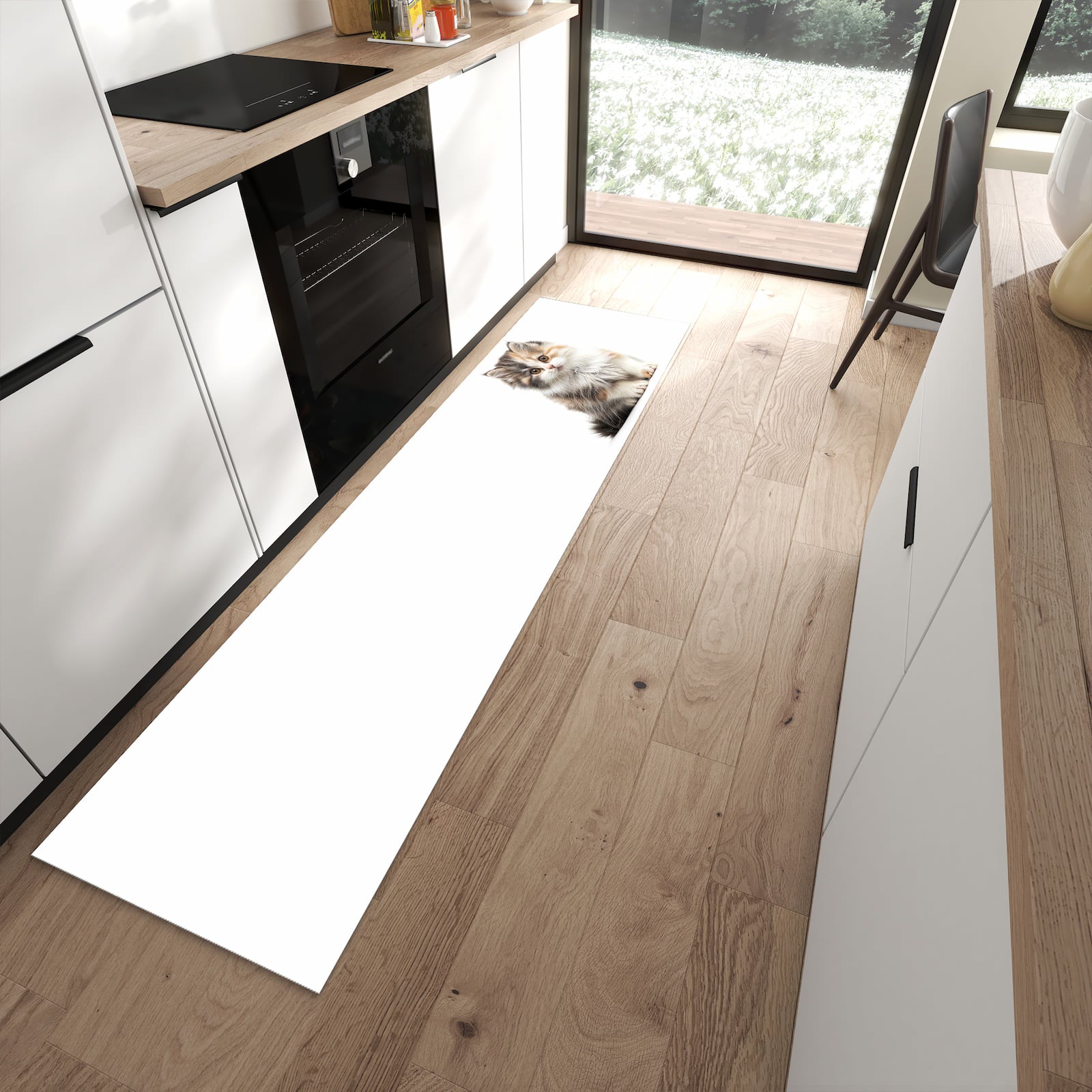 Formstabiler Läufer mit Motiv Flauschige Katze in moderner Küche für rutschfesten Stand