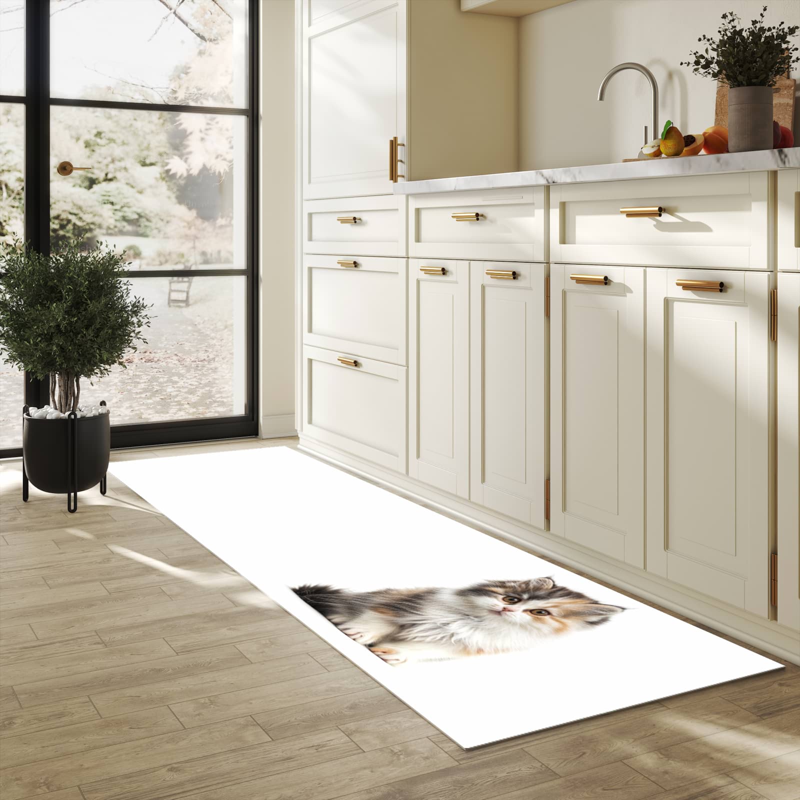 Rutschfester Bodenläufer-Teppich mit Motiv Flauschige Katze in heller Küche
