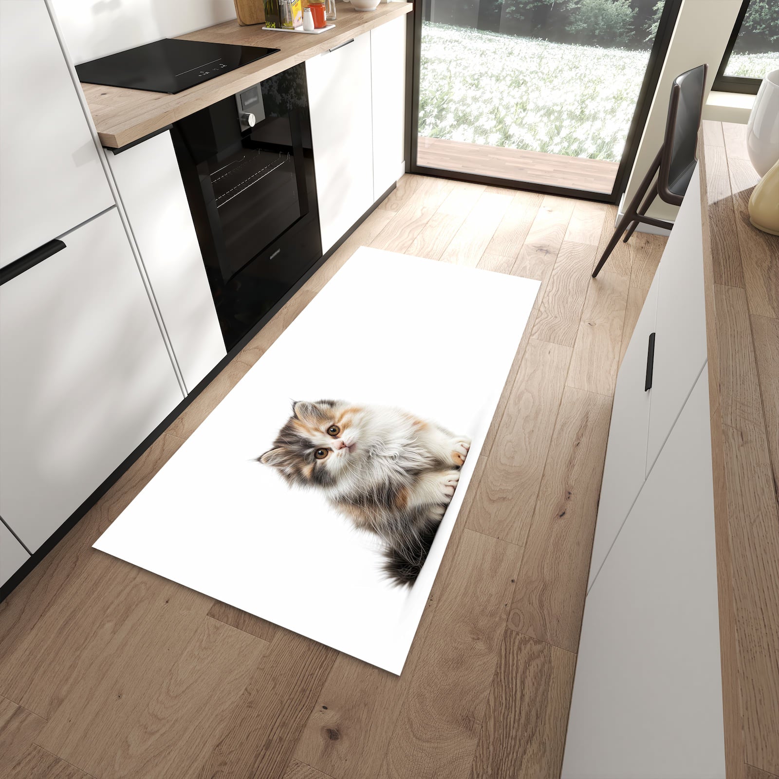 Fleckenresistenter Bodenläufer mit Motiv Flauschige Katze in moderner Küche