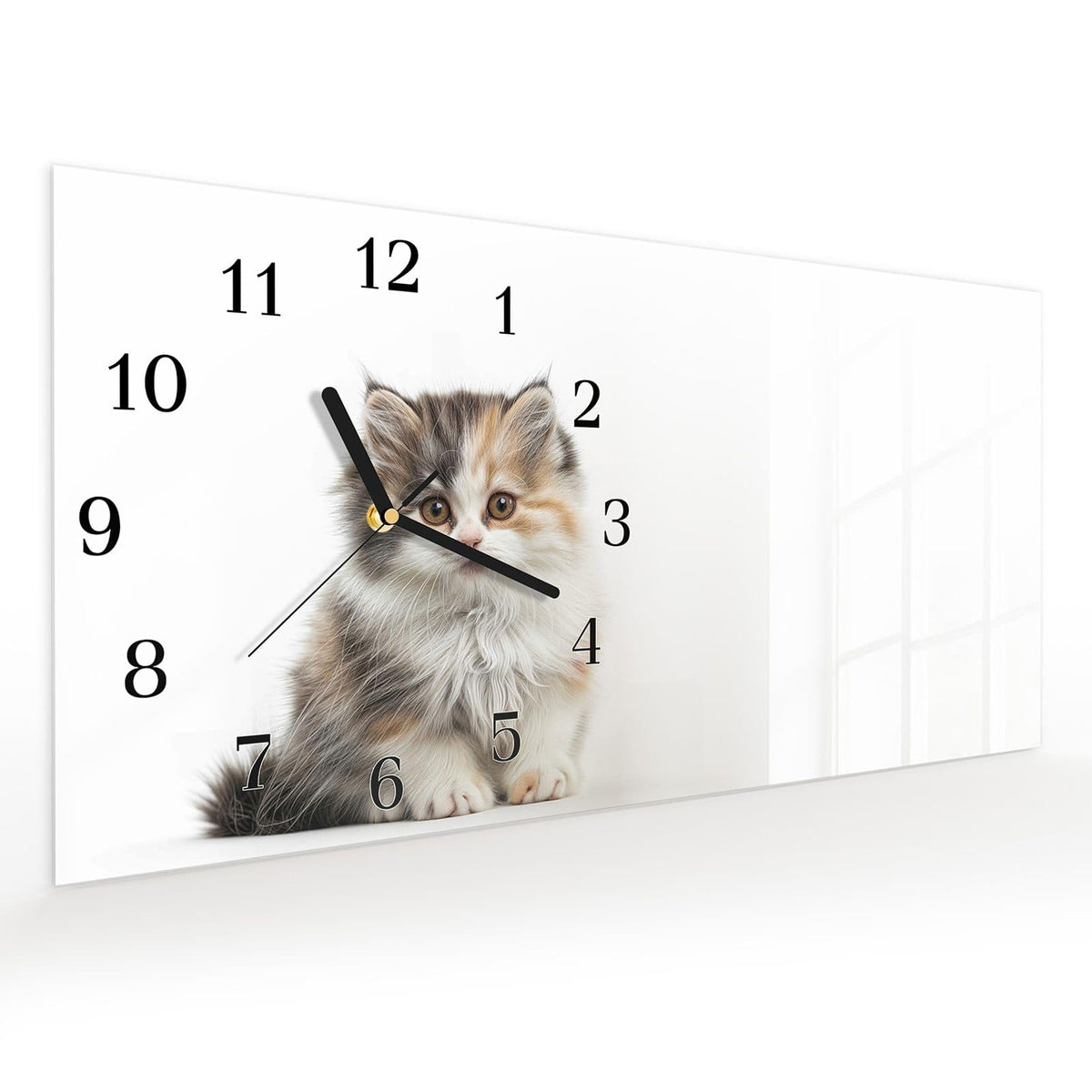 Vormontiert – mit Schwebeeffekt – Wanduhr Flauschige Katze aus Glas – Querformat 60 × 30 cm