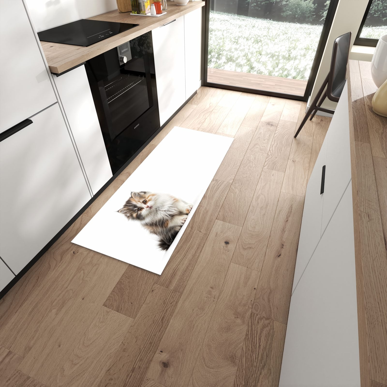 Bodenschonender langer Teppich mit Motiv Flauschige Katze in moderner Küche #grösse_60 x 150 cm