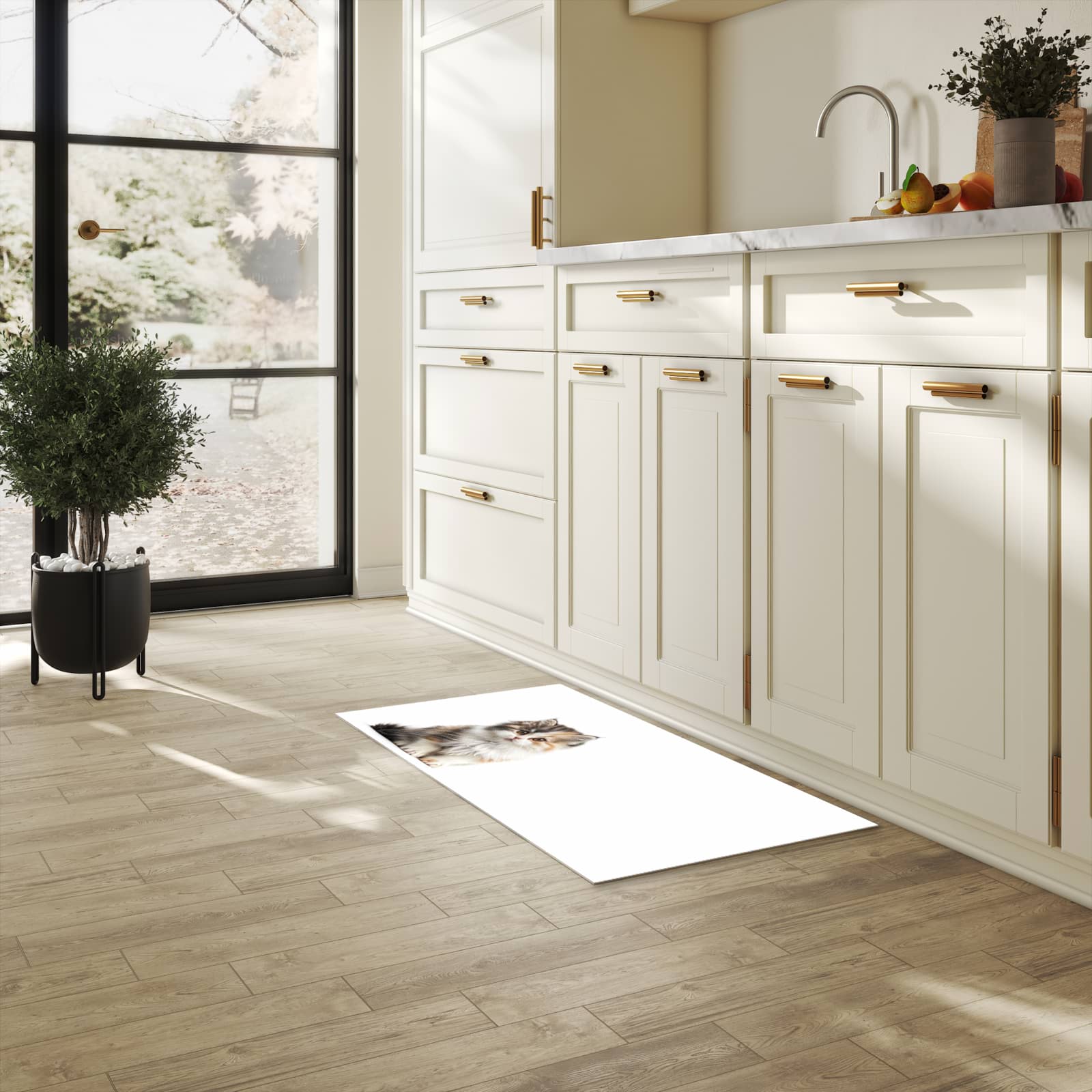 Pflegeleichter Läufer für Eingangsbereich mit Motiv Flauschige Katze in heller Küche