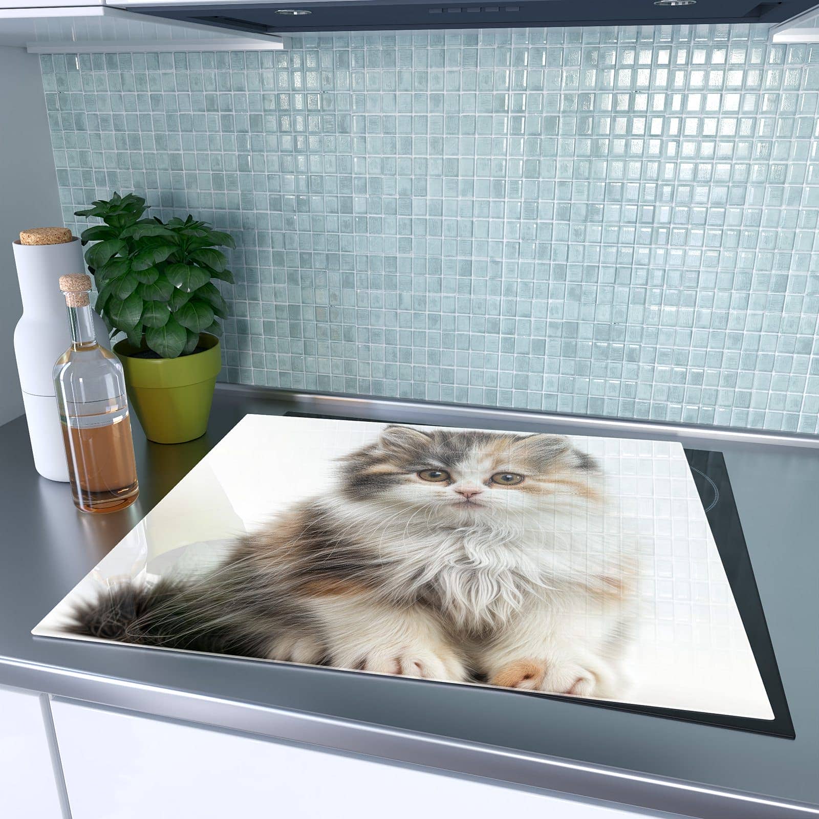 1-teilige Herdabdeckplatte mit Flauschige Katze-Motiv auf dem Ceranfeld