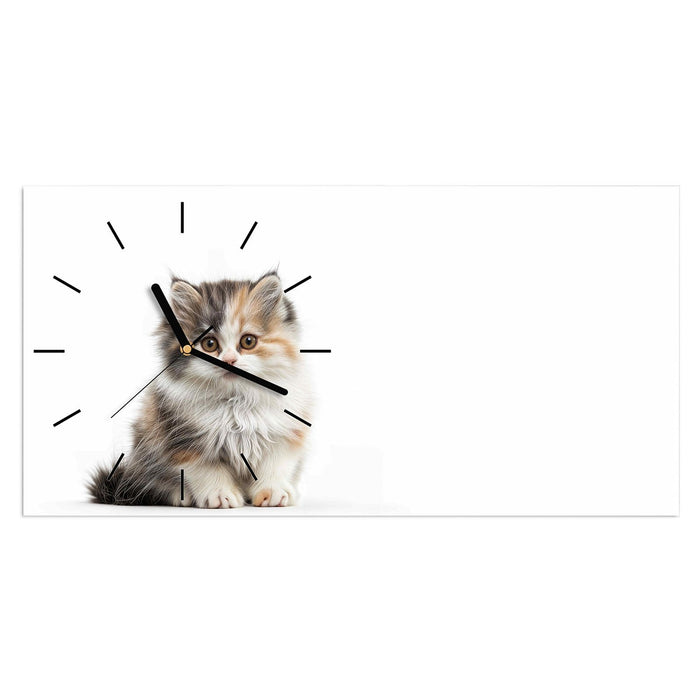 Wanduhr Flauschige Katze aus Glas – Querformat 60 × 30 cm mit Ziffernblatt Linie