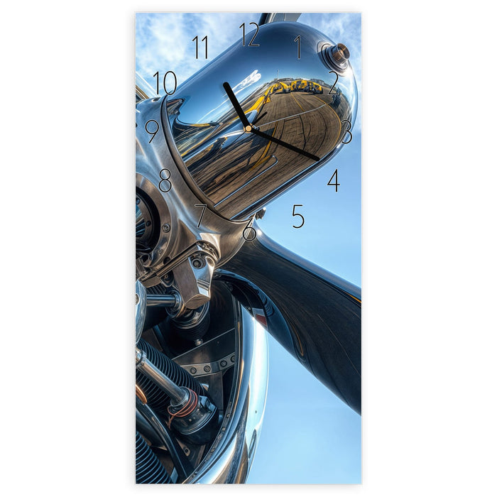 Wanduhr Flugzeugmotor aus Glas – Hochformat 30 × 60 cm mit Ziffernblatt Elegant