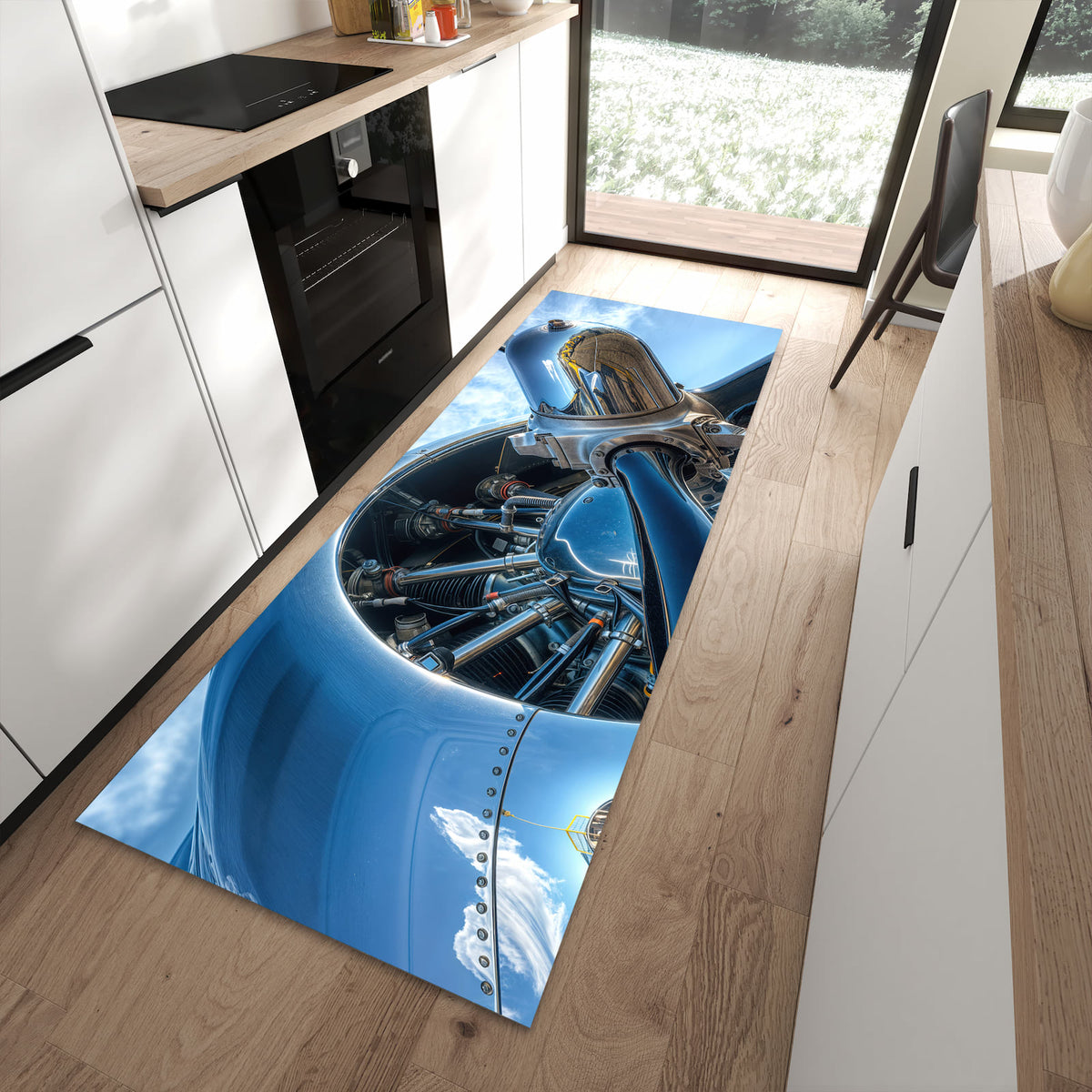 Bodenschonender waschbarer Läufer für die Küche mit Motiv Flugzeugmotor in moderner Küche