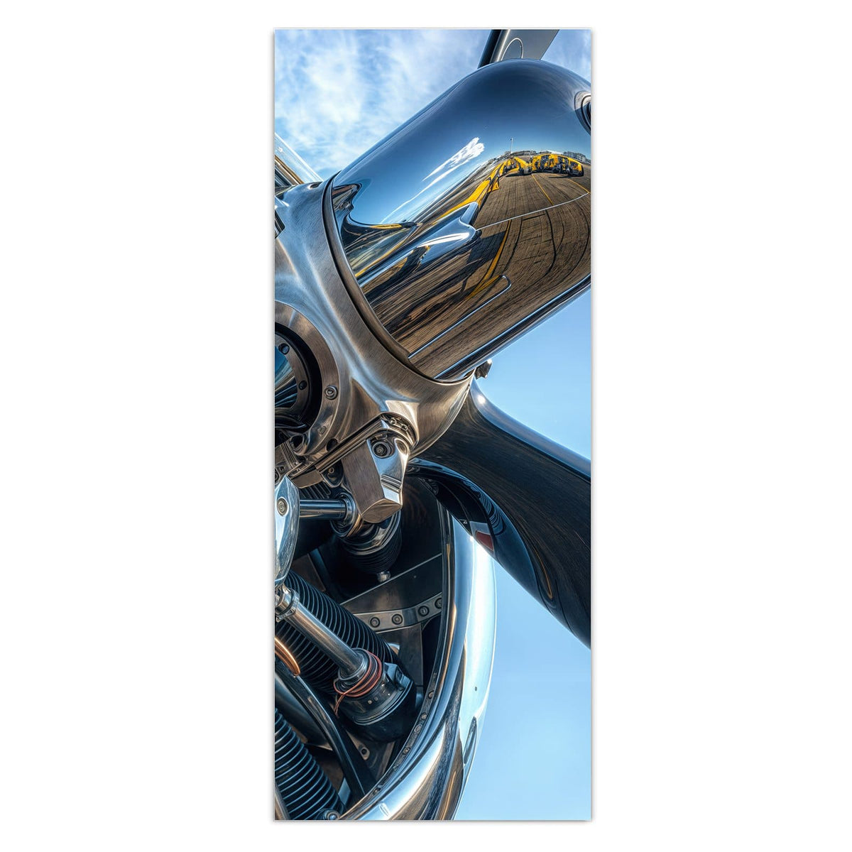Verchromter Sternmotor mit Propellerblättern vor blauem Himmel, starke Spiegelungen