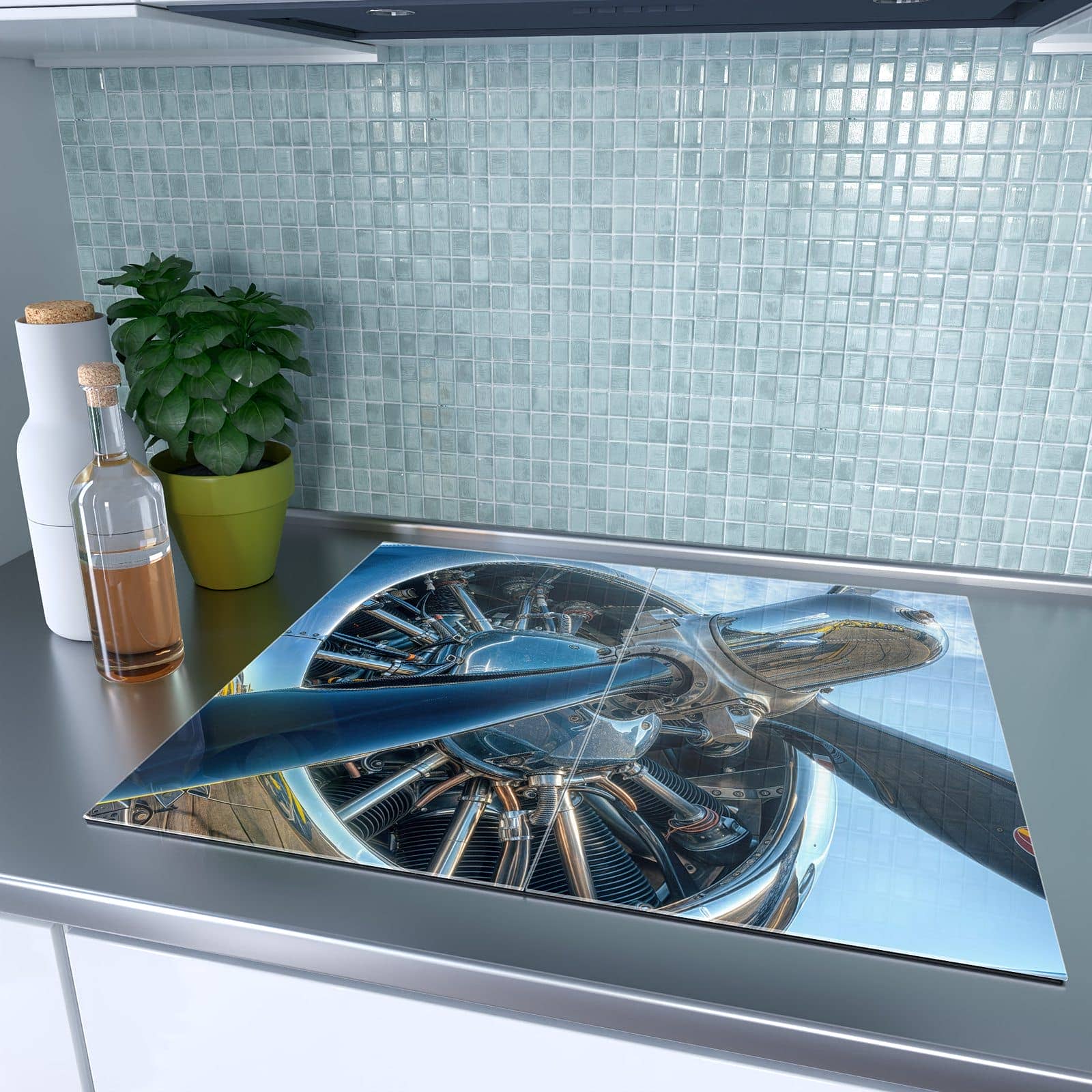 2-teilige Abdeckung für Herdplatte mit Flugzeugmotor-Motiv auf dem Ceranfeld