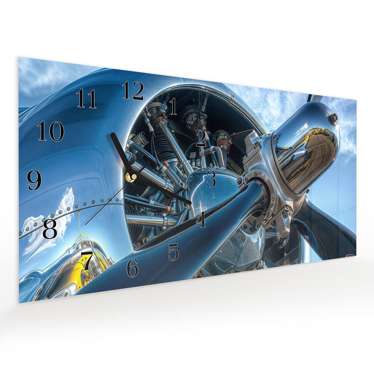 Vormontiert – mit Schwebeeffekt – Wanduhr Flugzeugmotor aus Glas – Querformat 60 × 30 cm