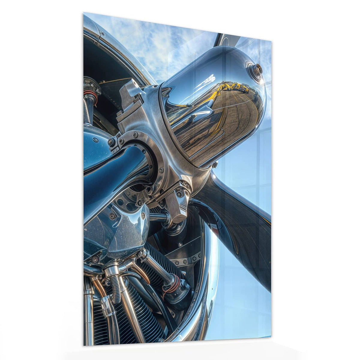 Glasbild Propeller aus Chrom von der Seite, 4 mm Echtglas