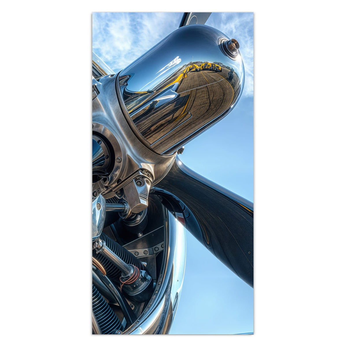 Verchromter Sternmotor mit Propellerblättern vor blauem Himmel, starke Spiegelungen