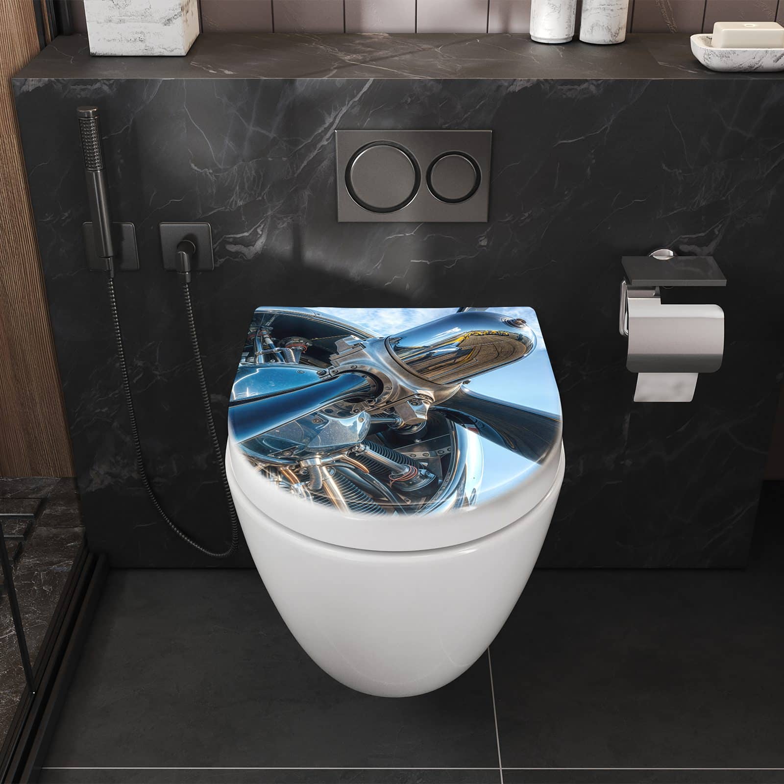 WC-Sitz mit Absenkautomatik Flugzeugmotor