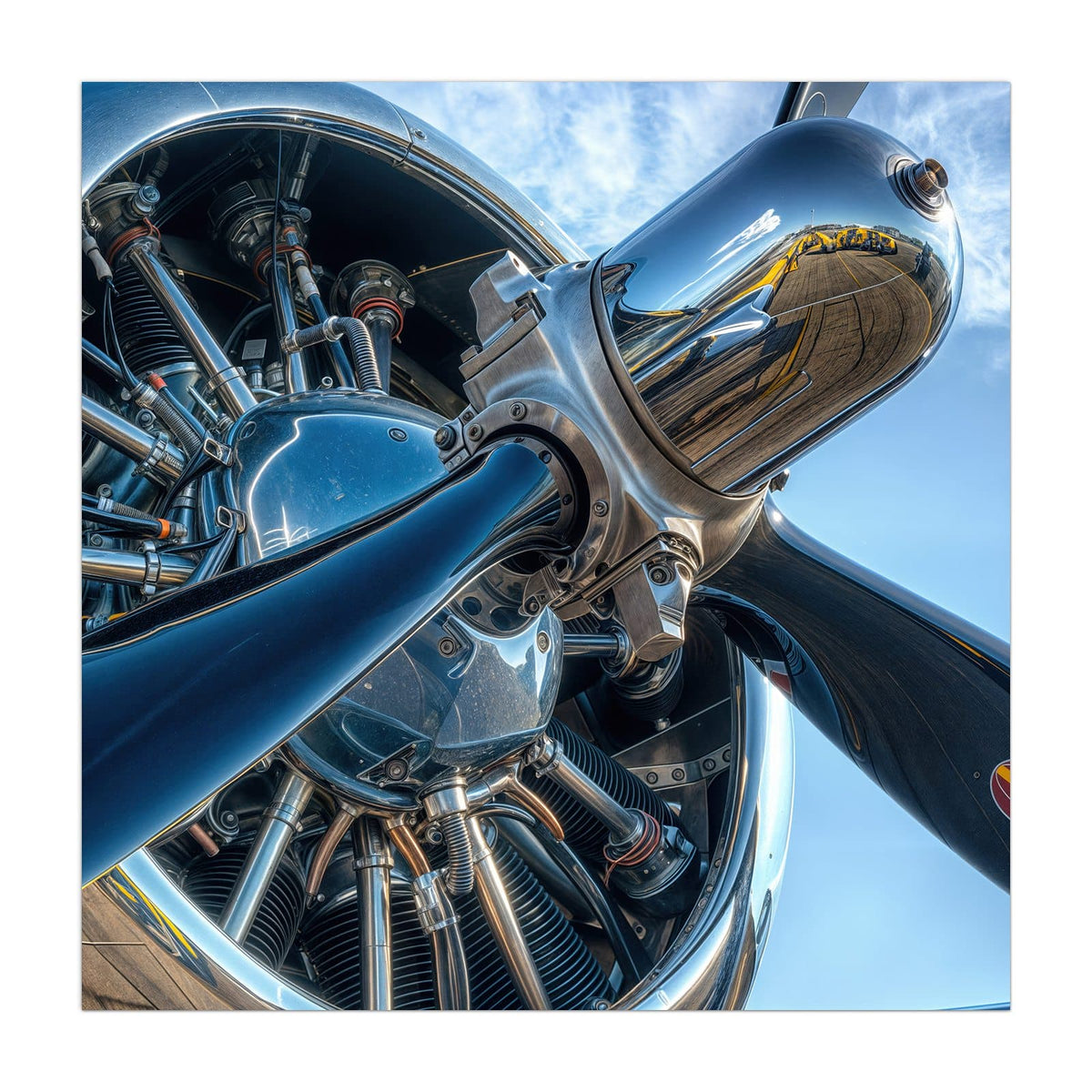 Verchromter Sternmotor mit Propellerblättern vor blauem Himmel, starke Spiegelungen