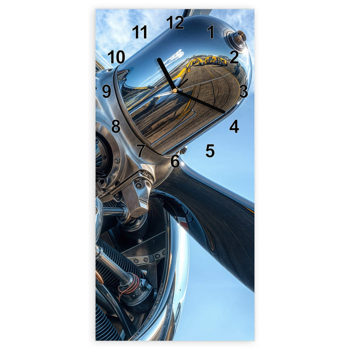 Wanduhr Flugzeugmotor aus Glas – Hochformat 30 × 60 cm mit Ziffernblatt Modern