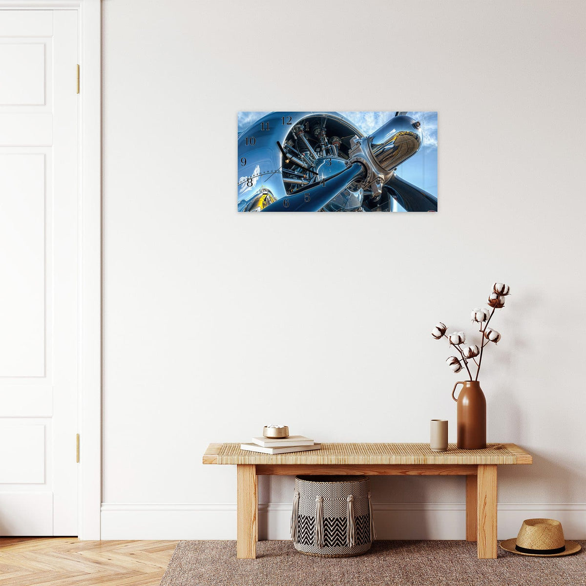 Moderne Wanduhr aus Glas mit Farbtiefe – Wanduhr Flugzeugmotor aus Glas – Querformat 60 × 30 cm