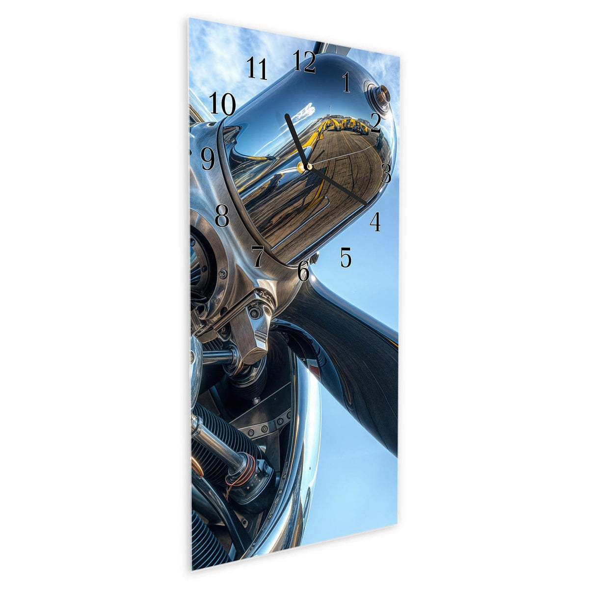 Vormontiert – mit Schwebeeffekt – Wanduhr Flugzeugmotor aus Glas – Hochformat 30 × 60 cm