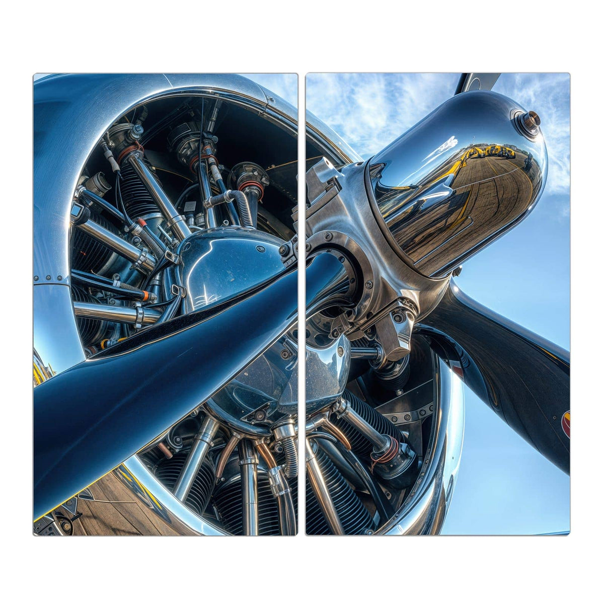 Verchromter Sternmotor mit Propellerblättern vor blauem Himmel, starke Spiegelungen