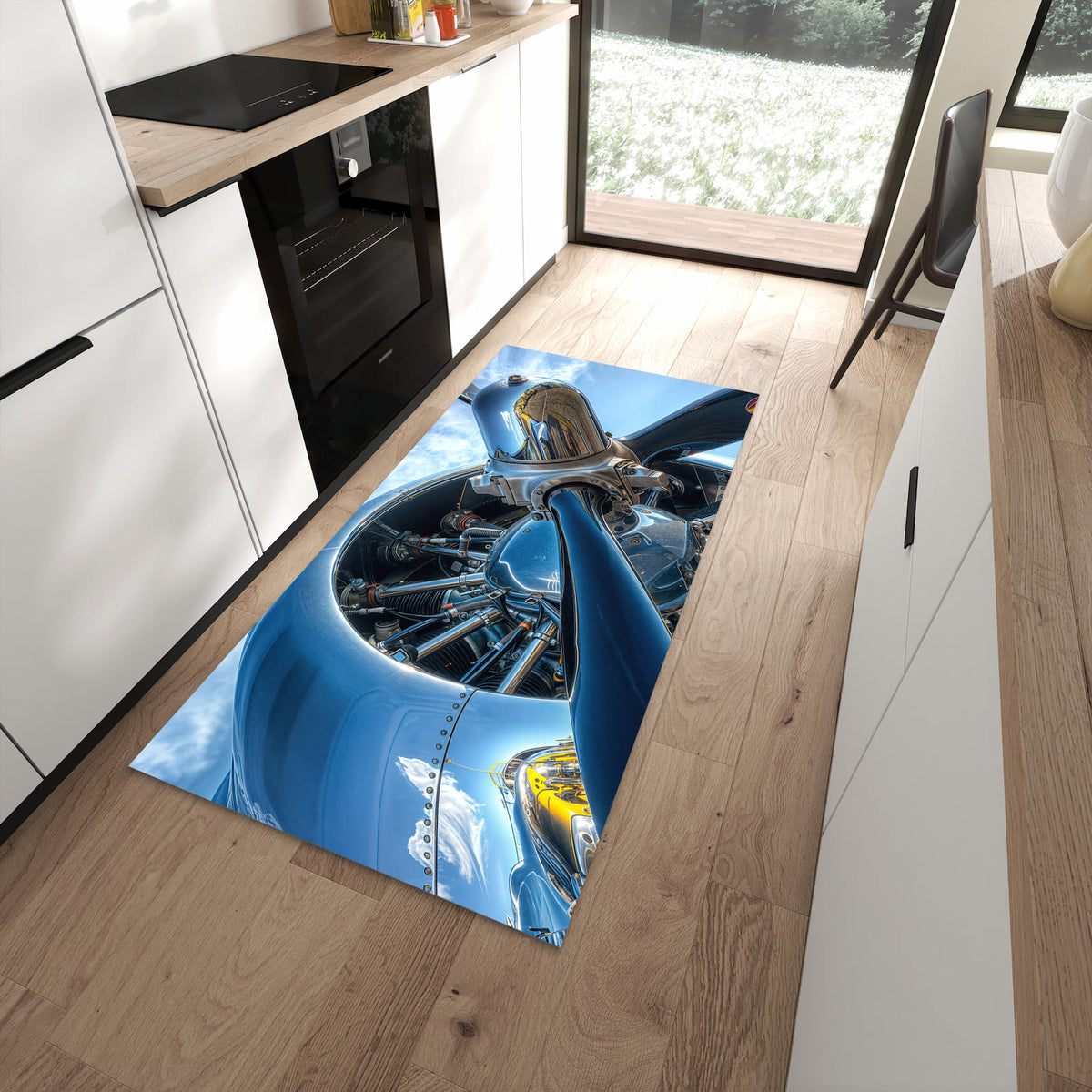 Feuchtigkeitsresistenter Teppichläufer mit Motiv Flugzeugmotor in moderner Küche