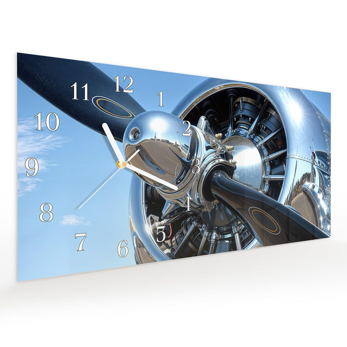 Vormontiert – mit Schwebeeffekt – Wanduhr Flugzeugpropeller aus Glas – Querformat 60 × 30 cm