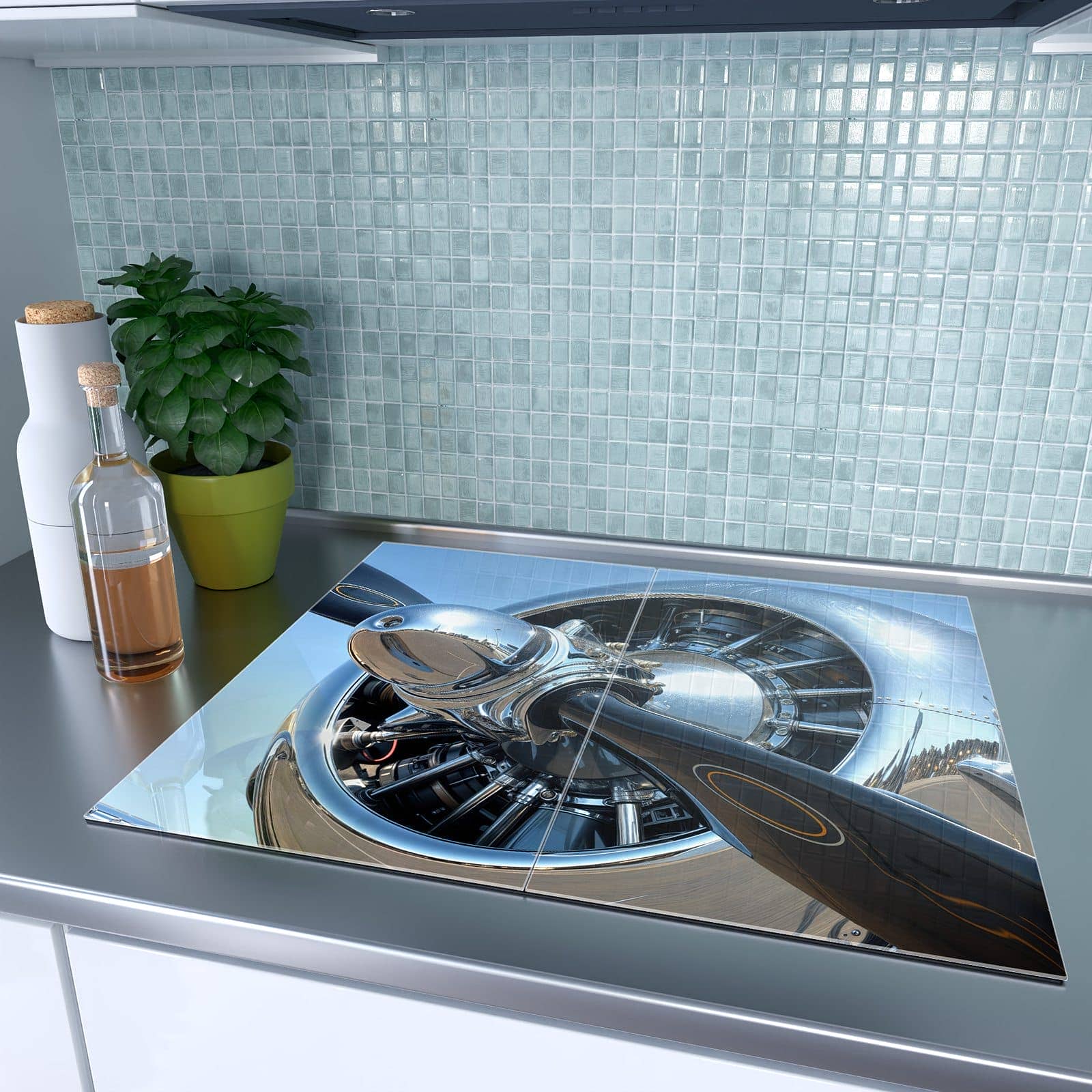 2-teilige Herdabdeckplatten aus Glas mit Flugzeugpropeller-Motiv auf dem Ceranfeld
