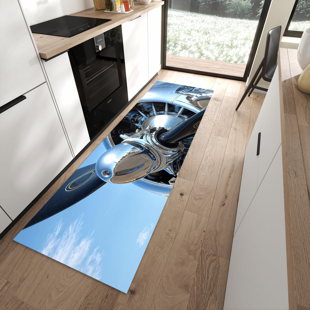 Wasserabweisender Küchenteppich mit Motiv Flugzeugpropeller in moderner Küche