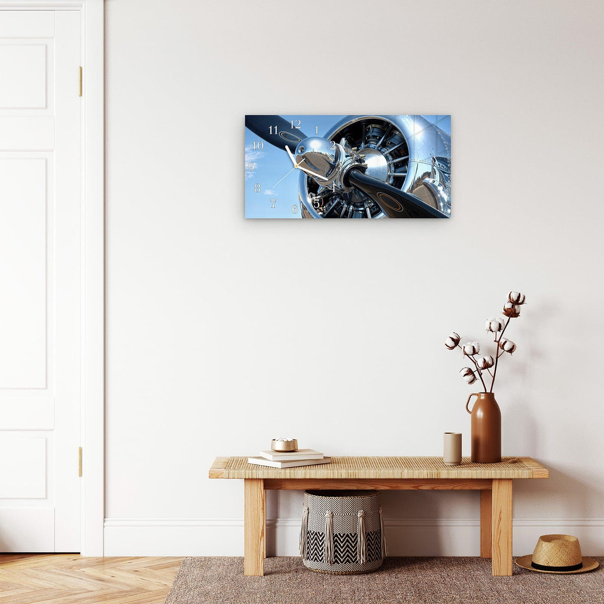 Moderne Wanduhr aus Glas mit Farbtiefe – Wanduhr Flugzeugpropeller aus Glas – Querformat 60 × 30 cm