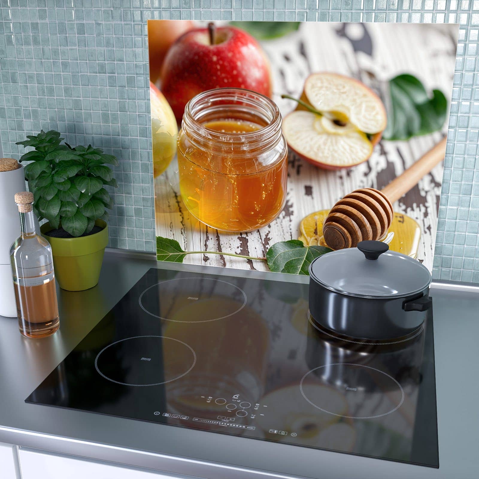 1-teilige Herdabdeckplatten mit Äpfel und Honig-Motiv als Spritzschutz hinter dem Kochfeld