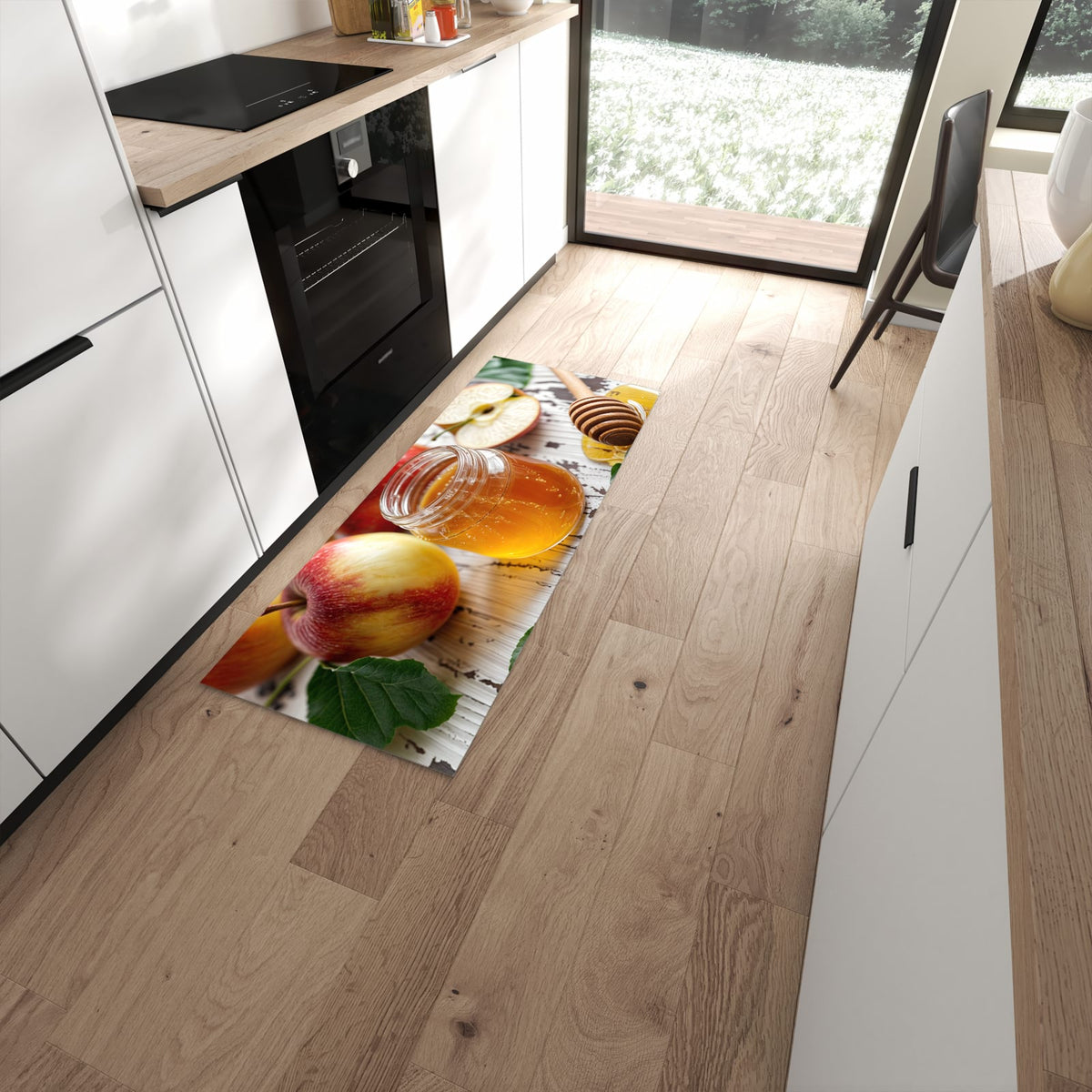 Rutschfester Küchenteppich mit Motiv Äpfel und Honig in moderner Küche #grösse_60 x 150 cm