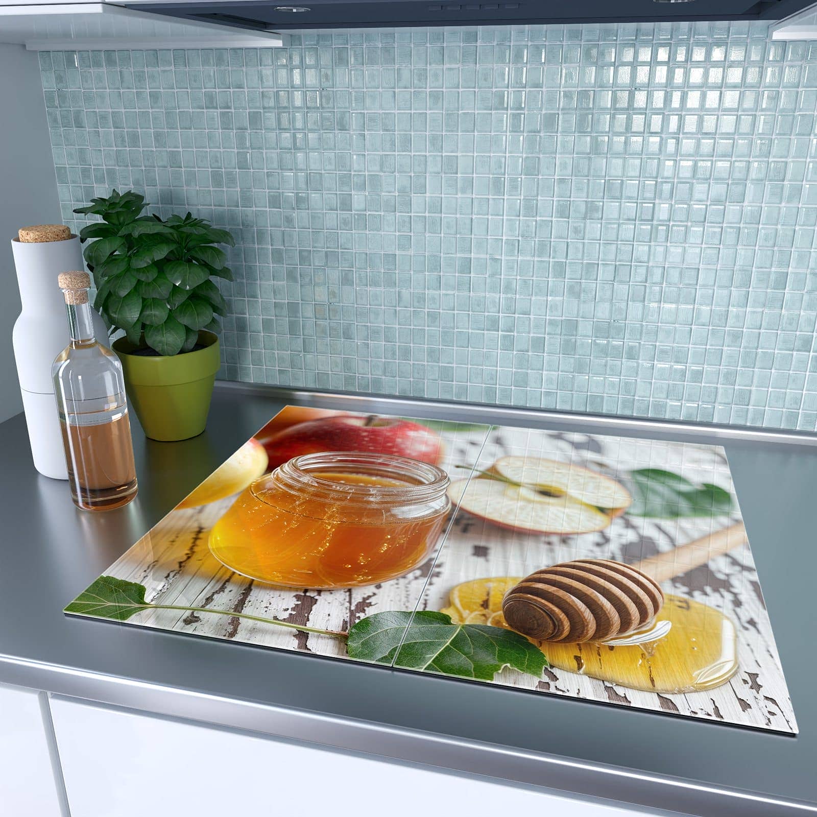 2-teilige Herdabdeckplatte aus Glas mit Äpfel und Honig-Motiv auf dem Ceranfeld