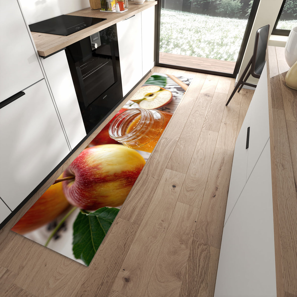 Hygienischer großer Küchenteppich mit Motiv Äpfel und Honig in moderner Küche