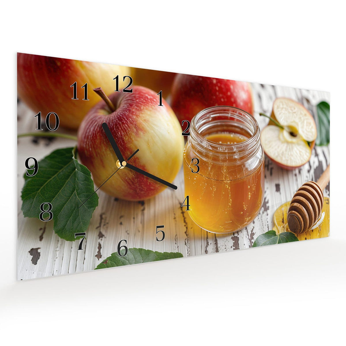Vormontiert – mit Schwebeeffekt – Wanduhr Äpfel und Honig aus Glas – Querformat 60 × 30 cm