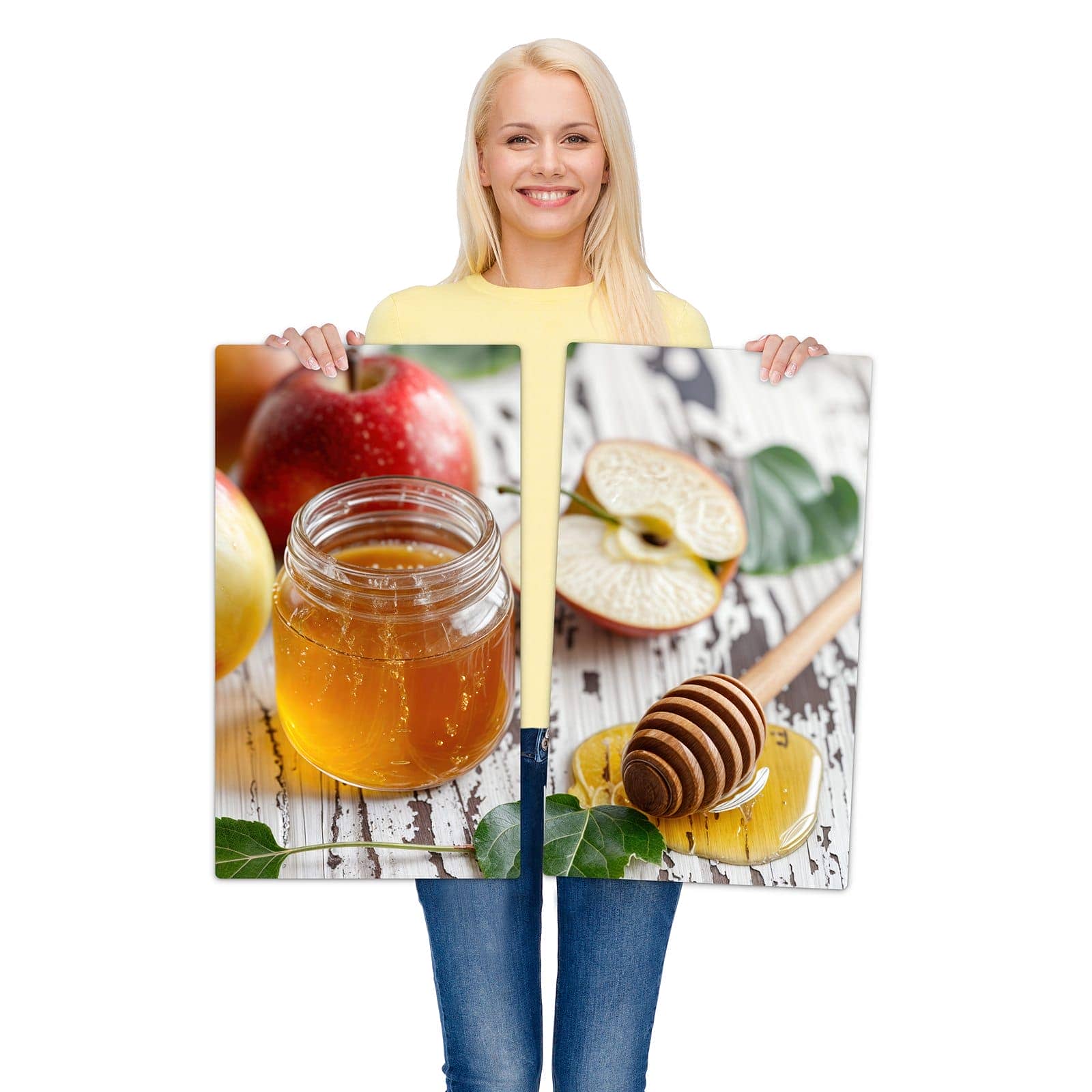 2-teilige Ceranfeldabdeckungen mit Äpfel und Honig-Motiv werden zur Größendarstellung gehalten