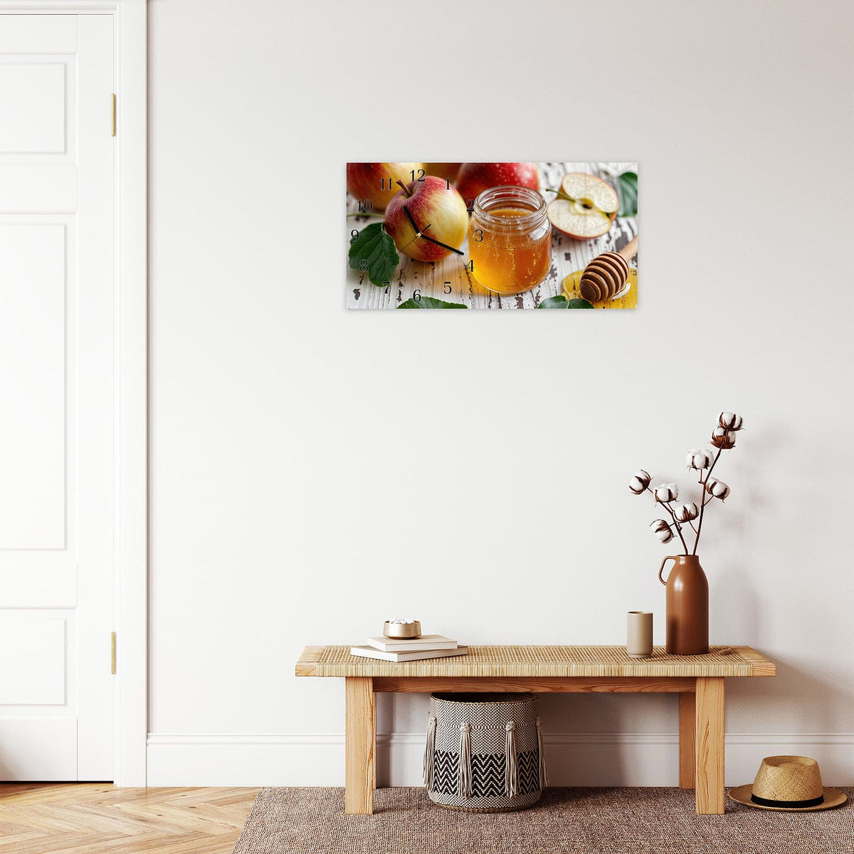 Moderne Wanduhr aus Glas mit Farbtiefe – Wanduhr Äpfel und Honig aus Glas – Querformat 60 × 30 cm