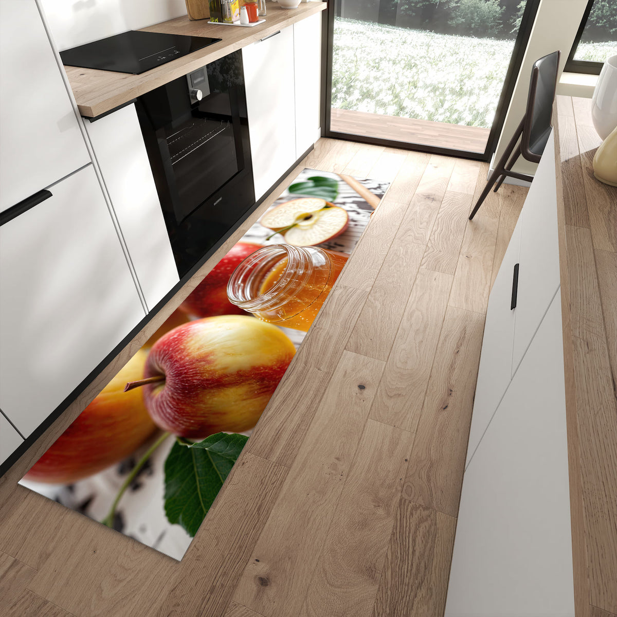 Küchenteppich mit Motiv Äpfel und Honig für angenehmes Stehen in moderner Küche
