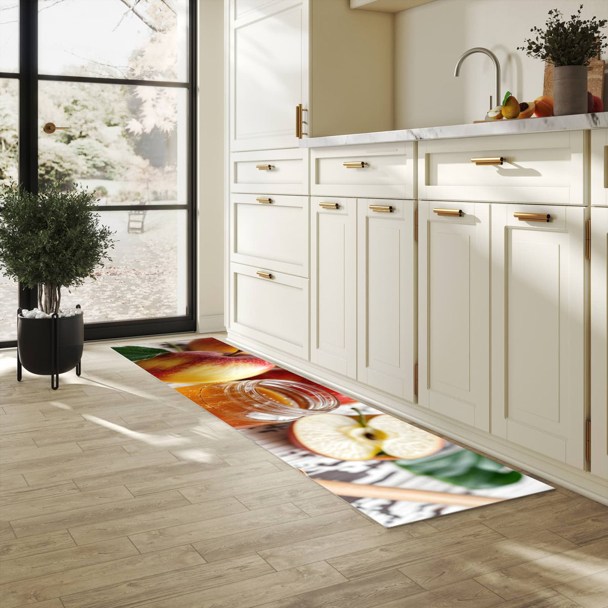 Waschbarer Küchenteppich mit Motiv Äpfel und Honig für Trittkomfort in heller Küche