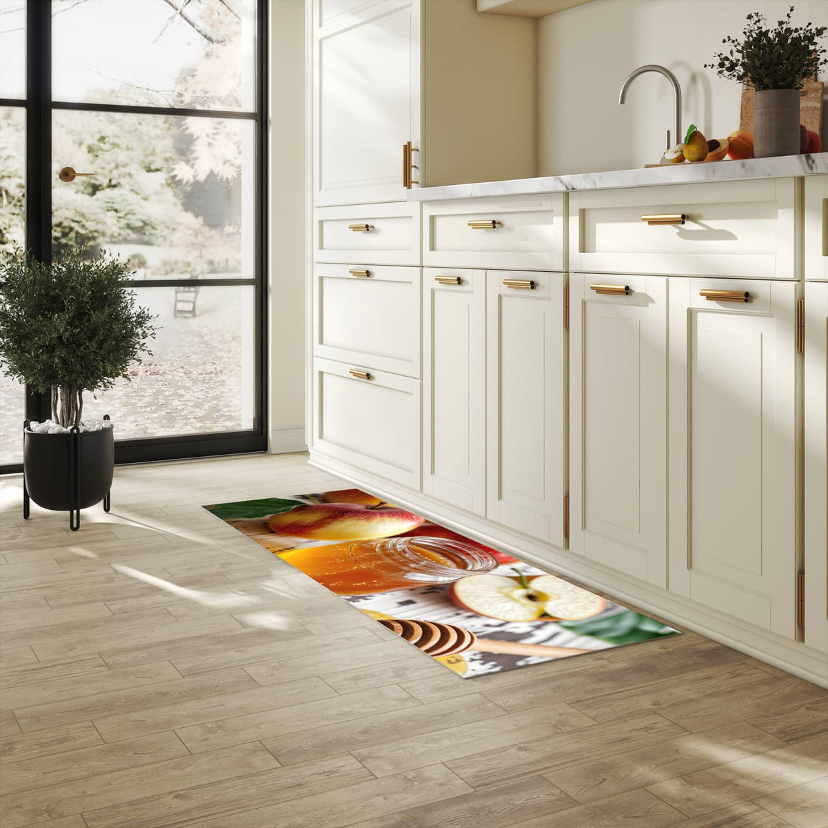 Abriebfester großer Küchenteppich mit Motiv Äpfel und Honig in heller Küche
