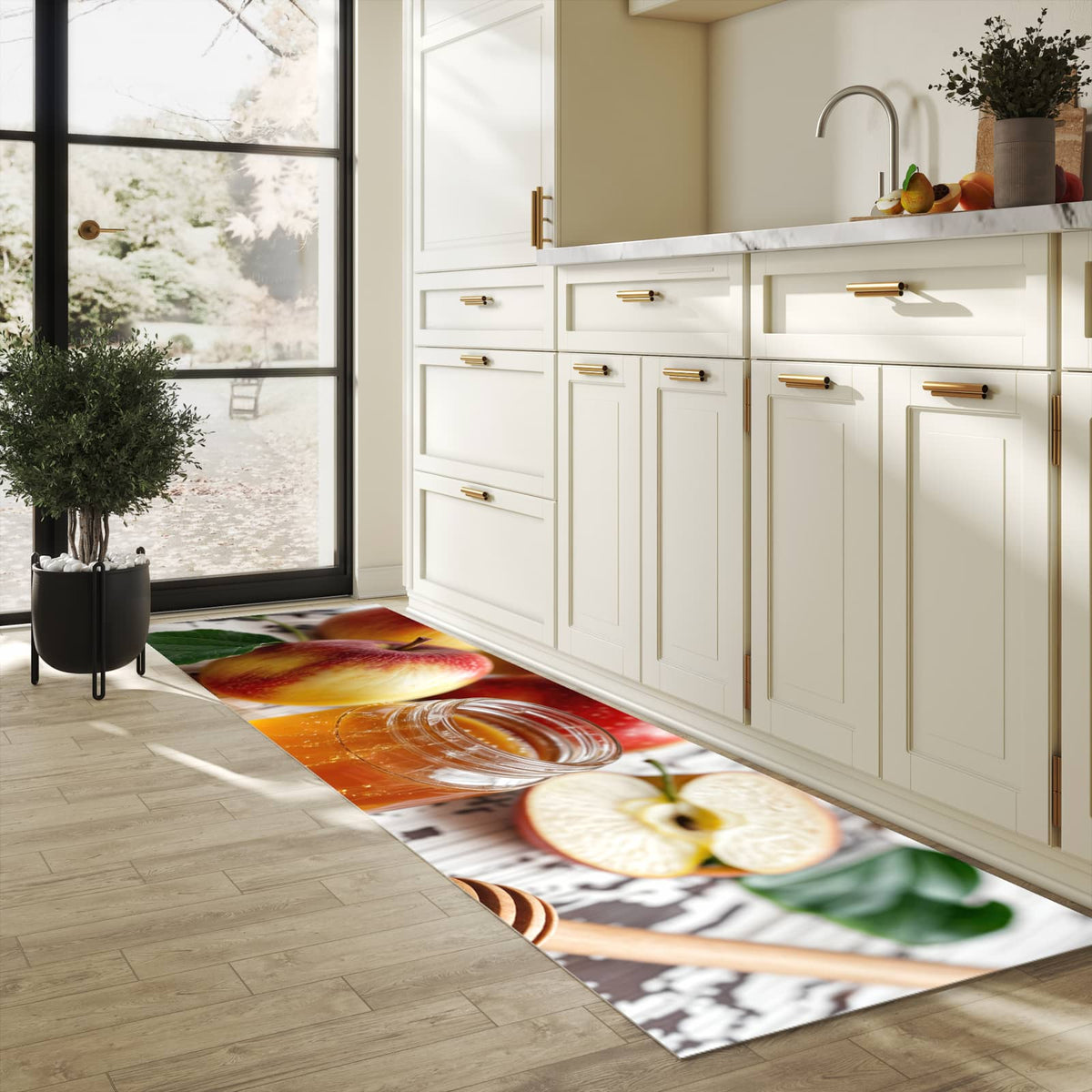 Flacher rutschfester Küchenläufer mit Motiv Äpfel und Honig in heller Küche