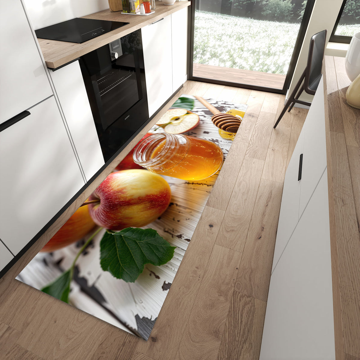 Rutschfester Küchenläufer mit Motiv Äpfel und Honig in moderner Küche